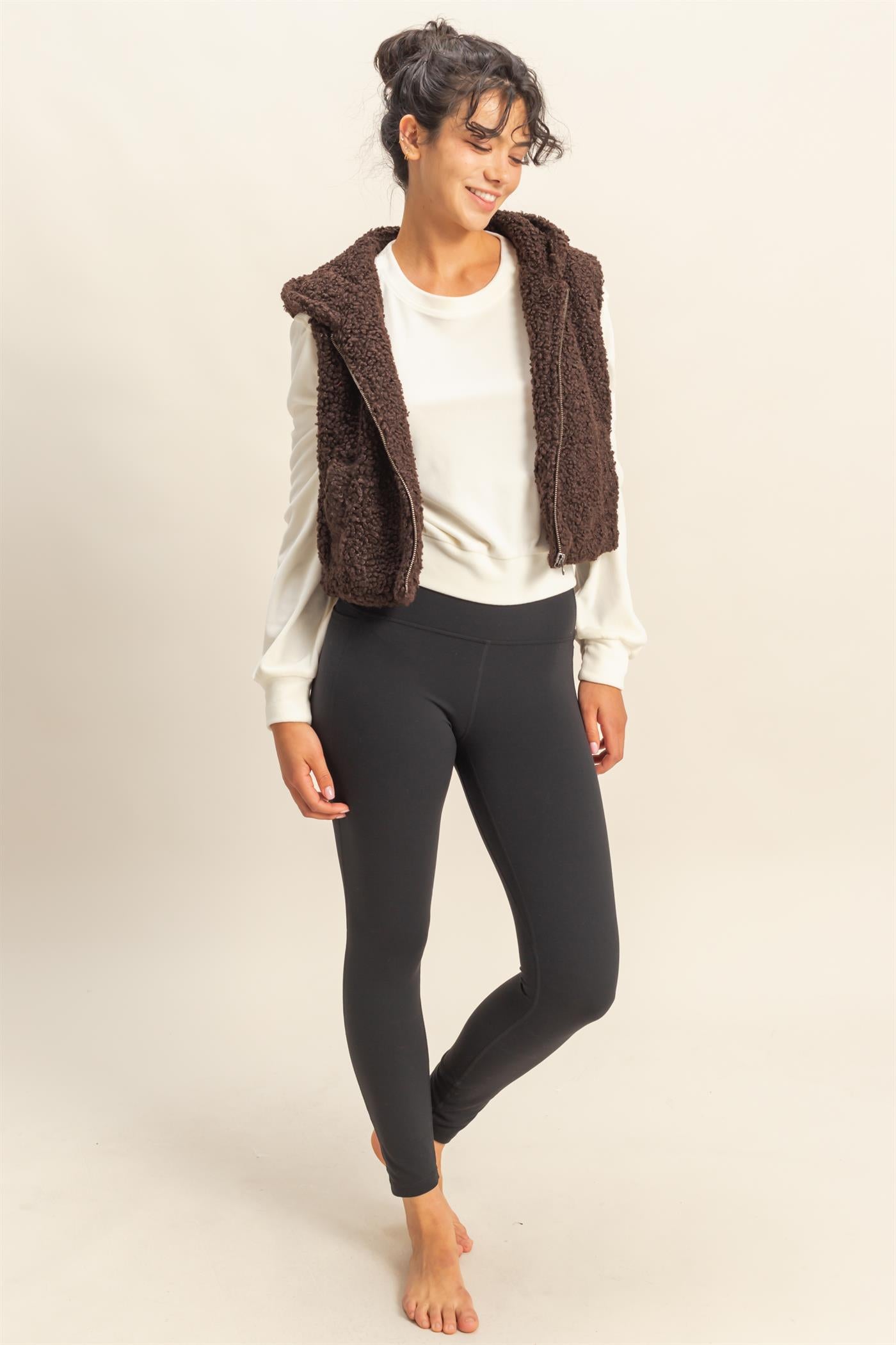 Wholesale Fluffy Full Zip Cropped Hooded Vest Vests DZ24A075 DARK CHOCOLATE DOUBLE ZERO