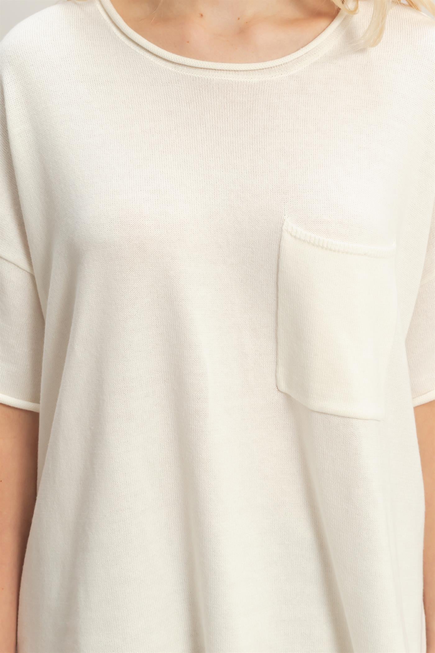 Wholesale Oversized Short Sleeve Round Neck Pocket Knit Top Clothing Tops DZ26A691 WHIP CREAM DOUBLE ZERO