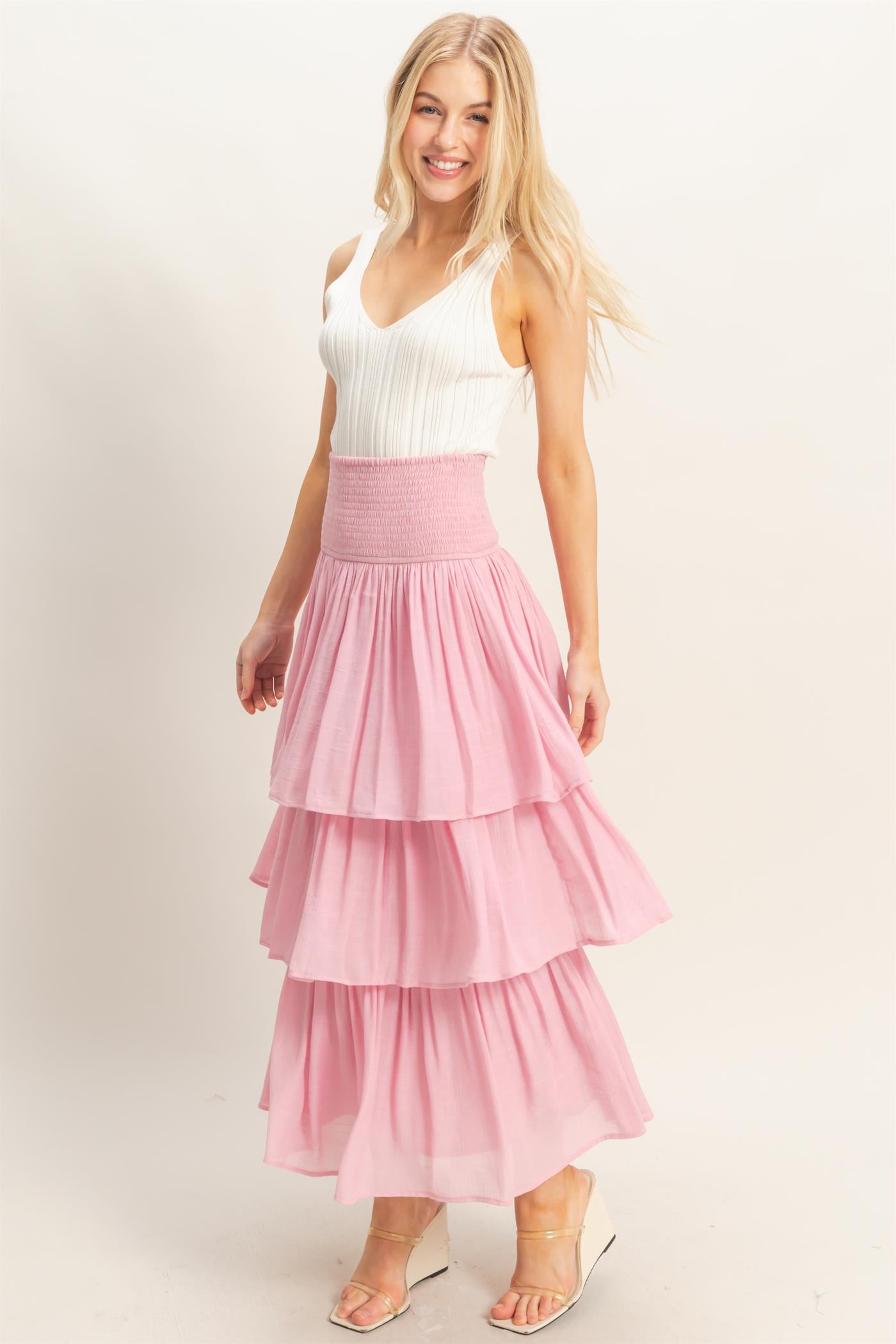 Wholesale Tiered Smocked Waist Skirt Skirts HF26C188-D PINK HYFVE