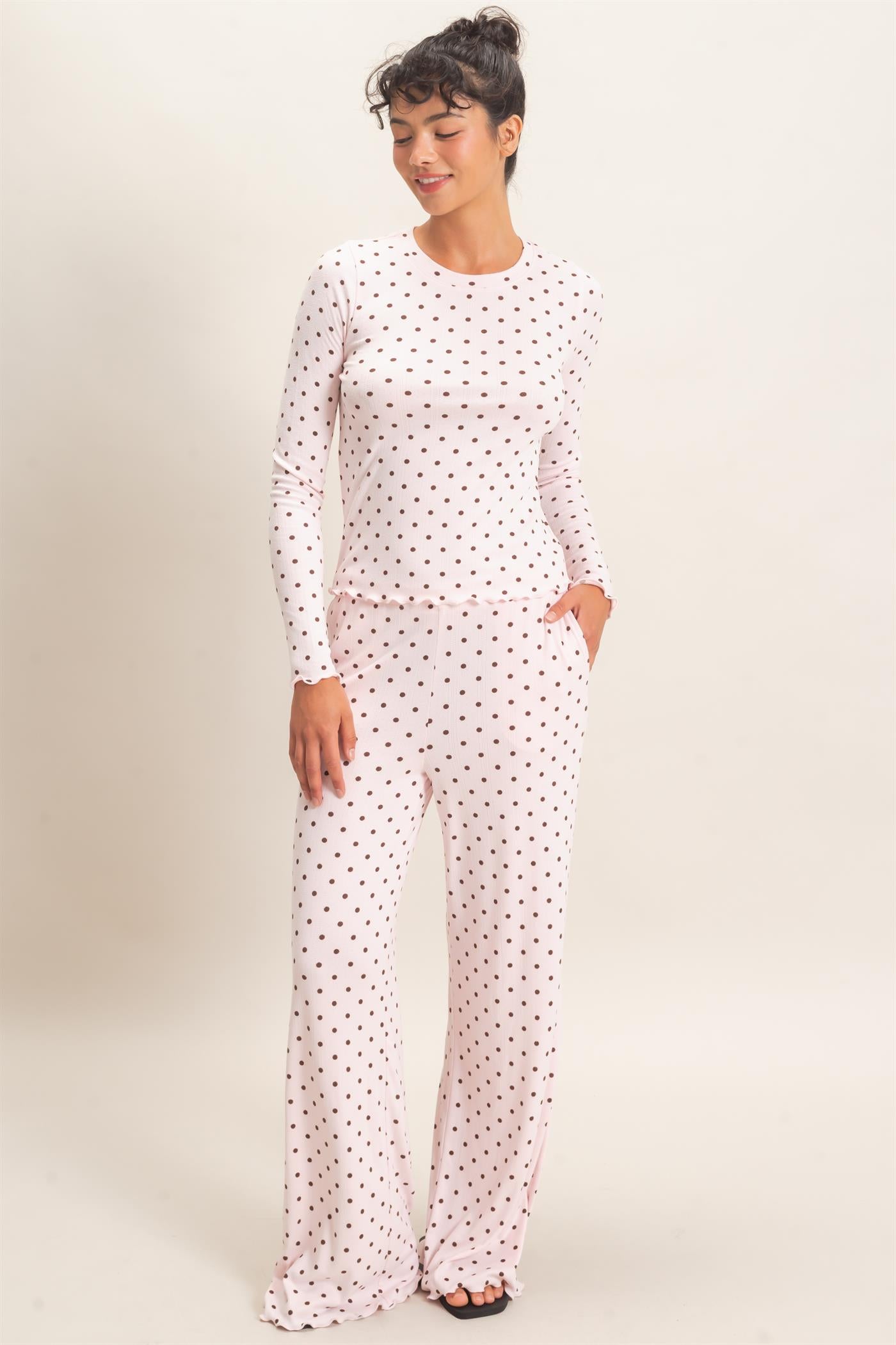 Wholesale Polka Dot Long Sleeve Top & Pants Set Clothing DZ26E914-SET LIGHT PINK DOUBLE ZERO