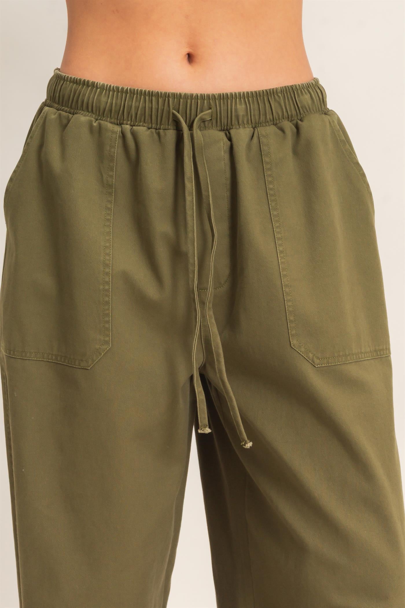 Wholesale Twill Elastic Waist Barrel Pants Pants DZ27A228 DARK OLIVE DOUBLE ZERO