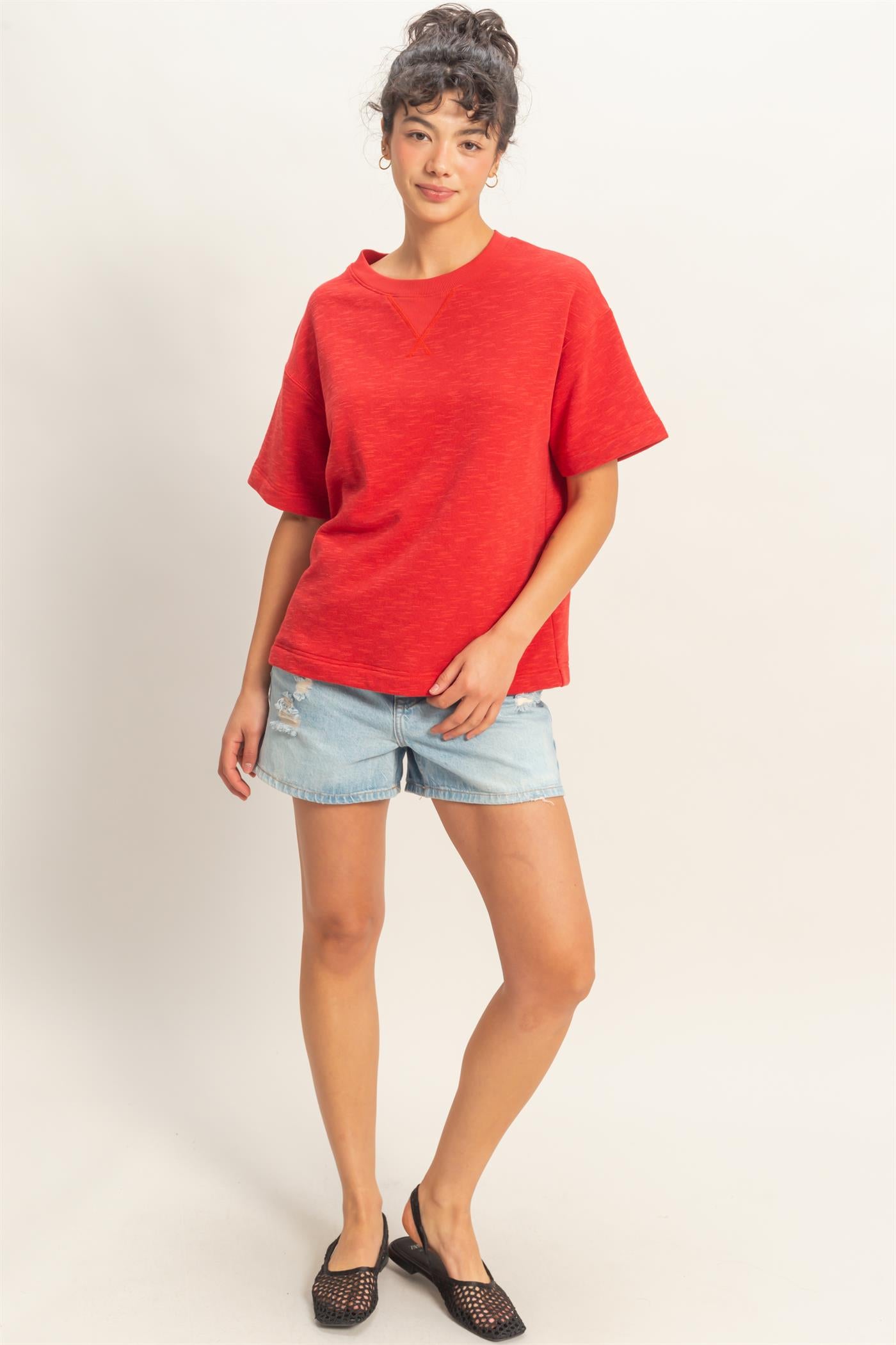 Wholesale Crew Neck Short Sleeve Top Clothing Tops DZ26A891 RED DOUBLE ZERO
