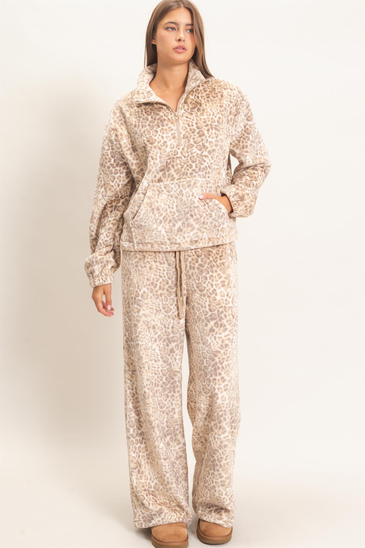 Wholesale Leopard Print Fleece Wide-Leg Pants Pants DZ26E829 BEIGE DOUBLE ZERO