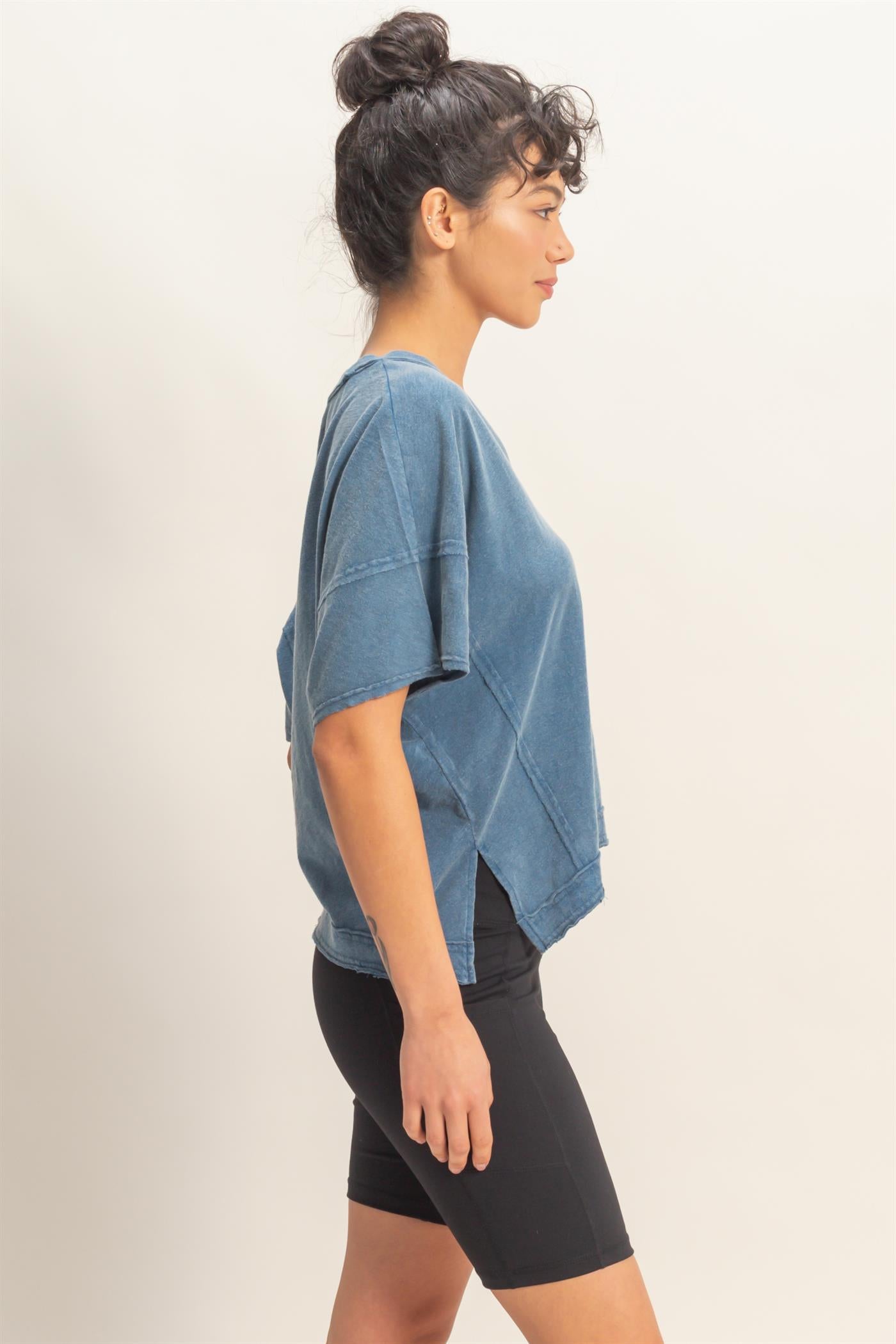 Wholesale Oversized V-Neck Short Sleeve Top Clothing Tops DZ26A032 NAVY DOUBLE ZERO