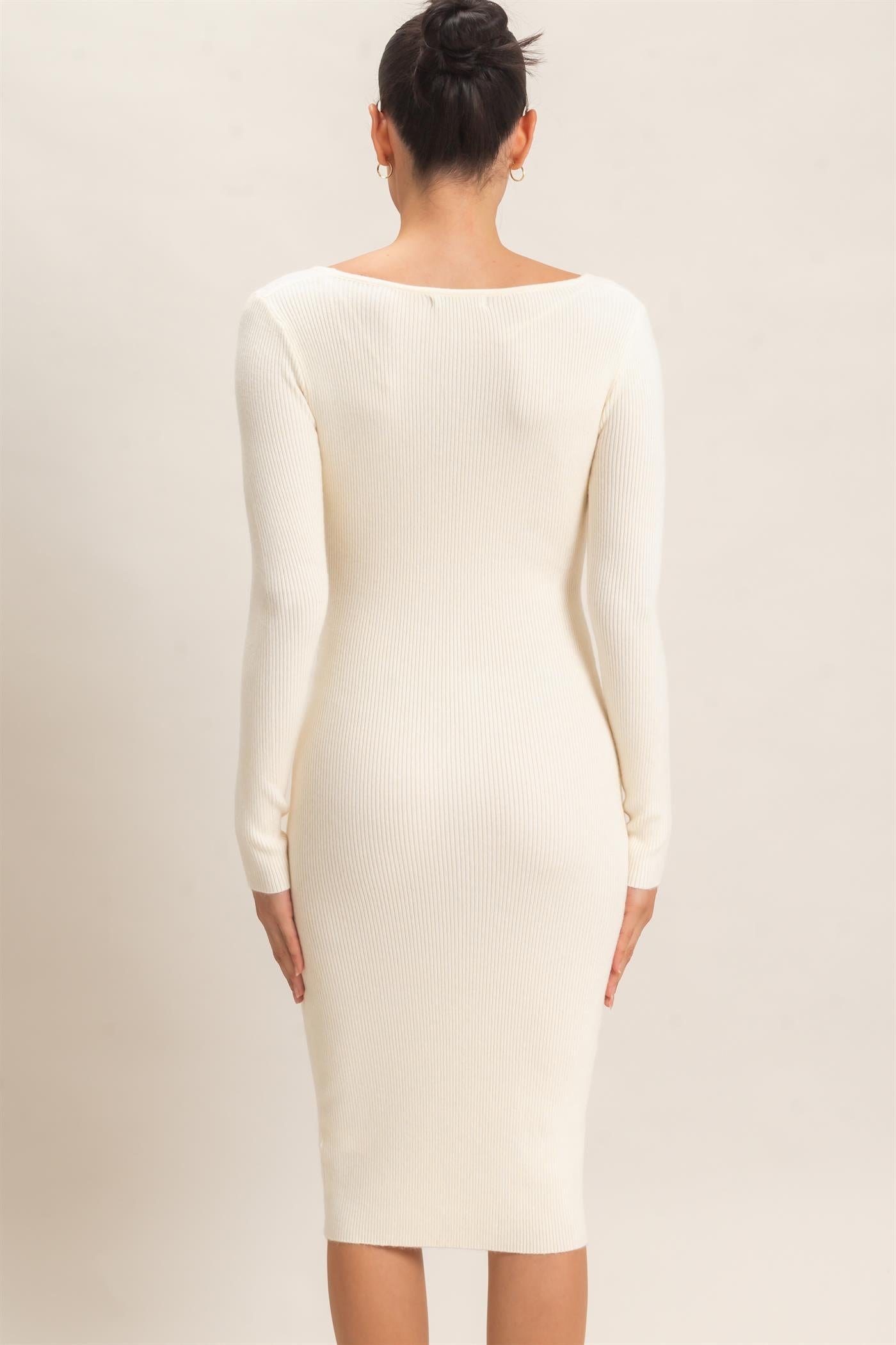 Wholesale Ribbed V-Neck Long Sleeve Dress Dresses HF26E217 WARM CREAM HYFVE