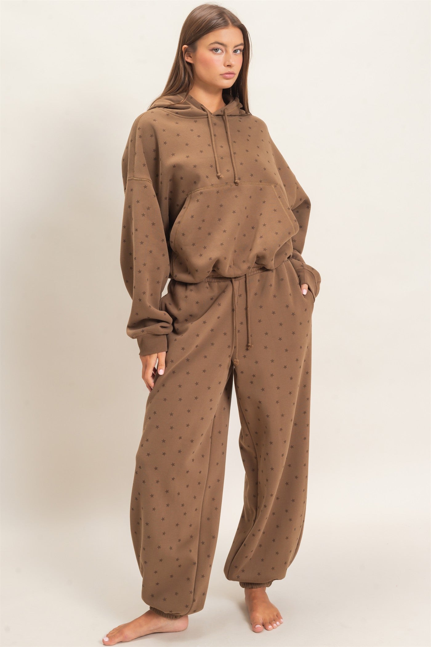 Wholesale Star Print Bubble Hoodie Hoodies DZ26C911 MOCHA DOUBLE ZERO