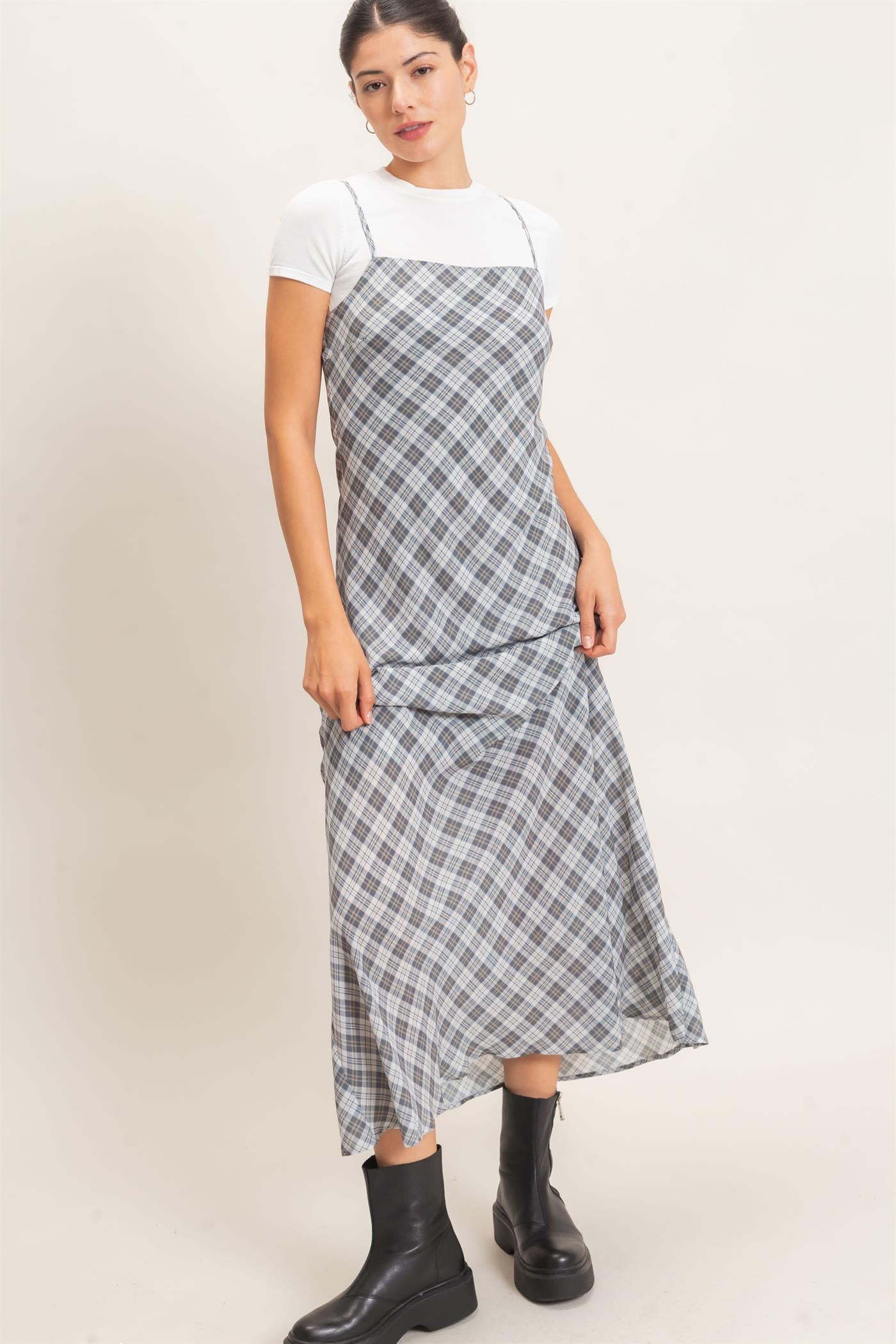 Wholesale Plaid Spaghetti Strap Maxi Dress Dresses HF26E573 GRAY HYFVE
