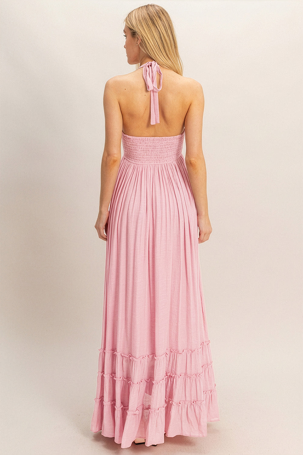 Wholesale Halter Neck Smocked Maxi Dress Dresses HF26C287-D PINK HYFVE