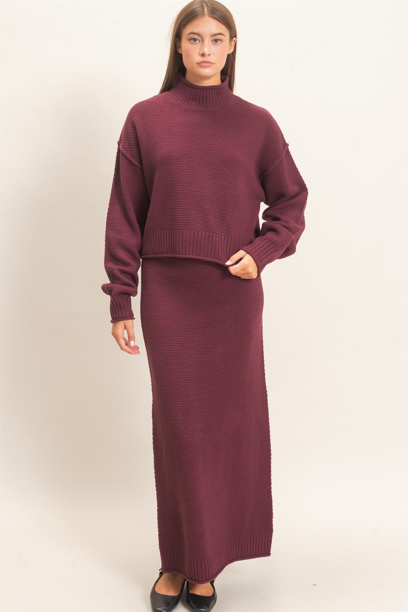 Wholesale High Neck Long Sleeve Top & Maxi Skirt Set Clothing DZ26E272-SET DARK CHERRY DOUBLE ZERO