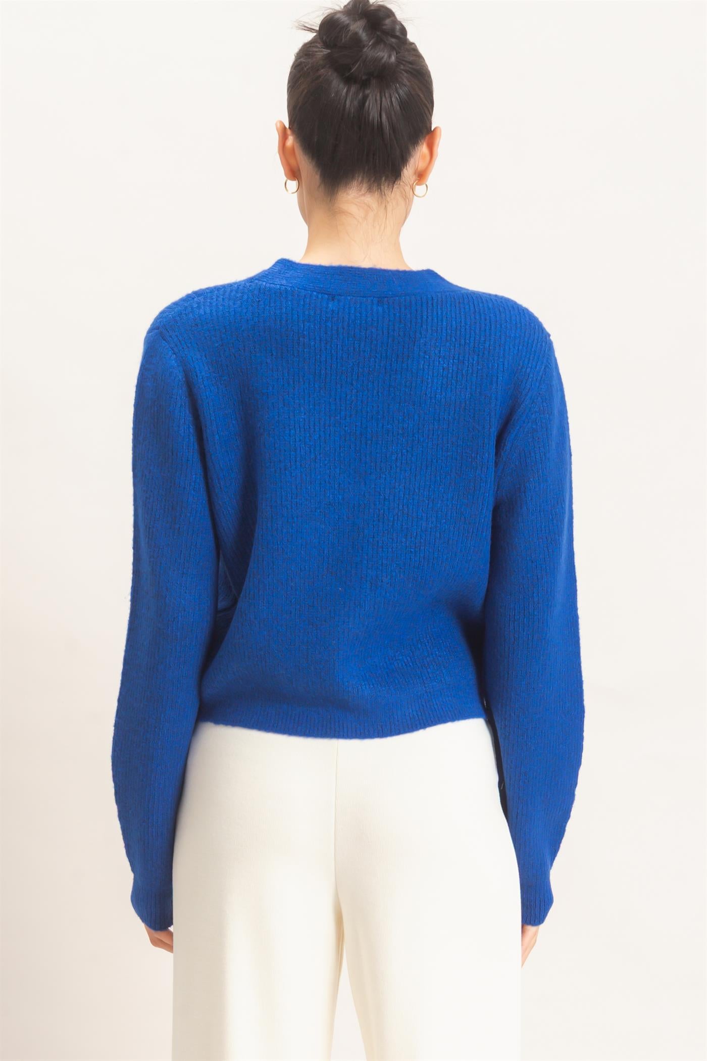 Wholesale Rhinestone Bow Tie-Front Sweater Cardigans HF26F183-D ROYAL BLUE HYFVE
