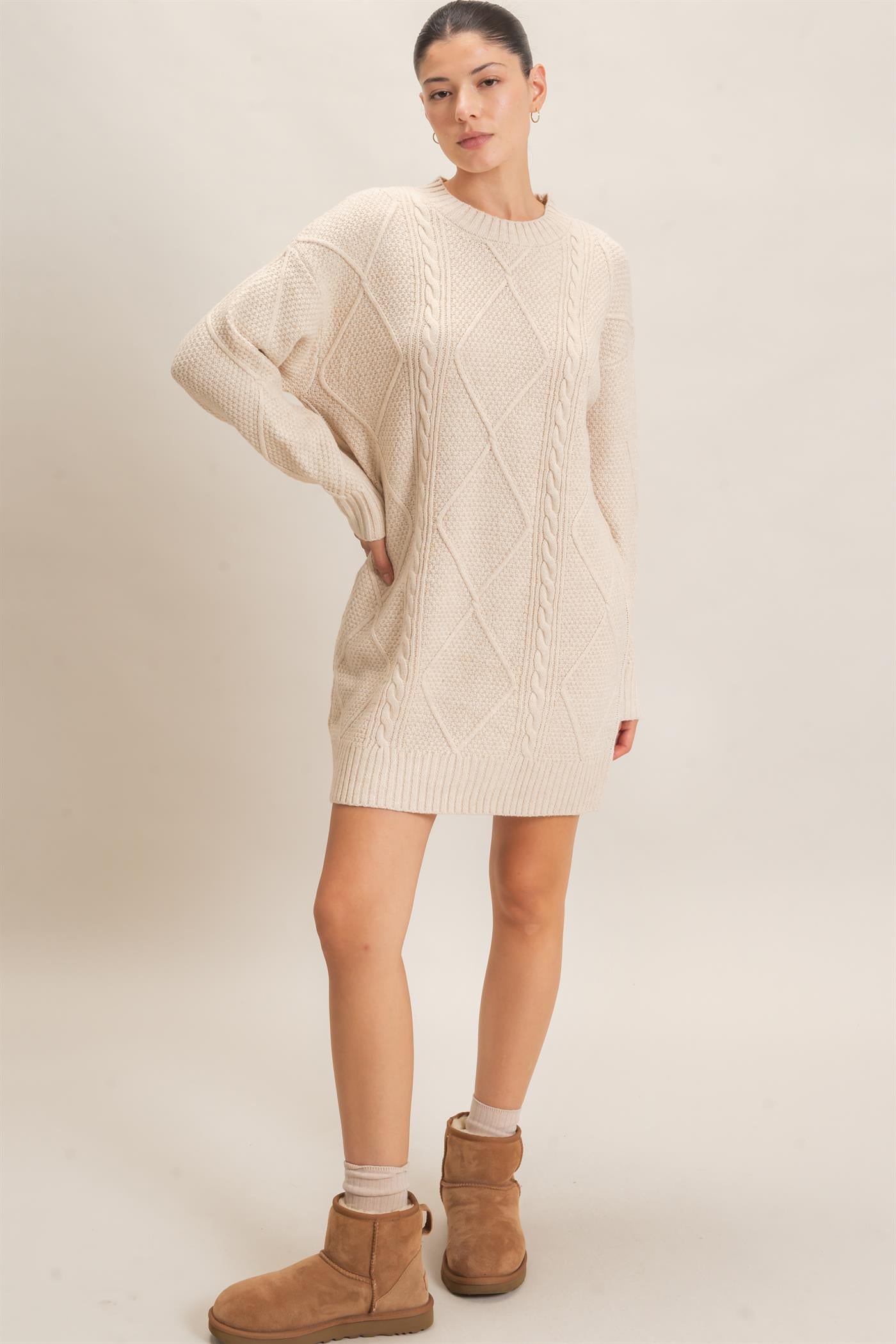 Wholesale Cable Knit Crew Neck Dress Dresses HF26F006 CREAM HYFVE