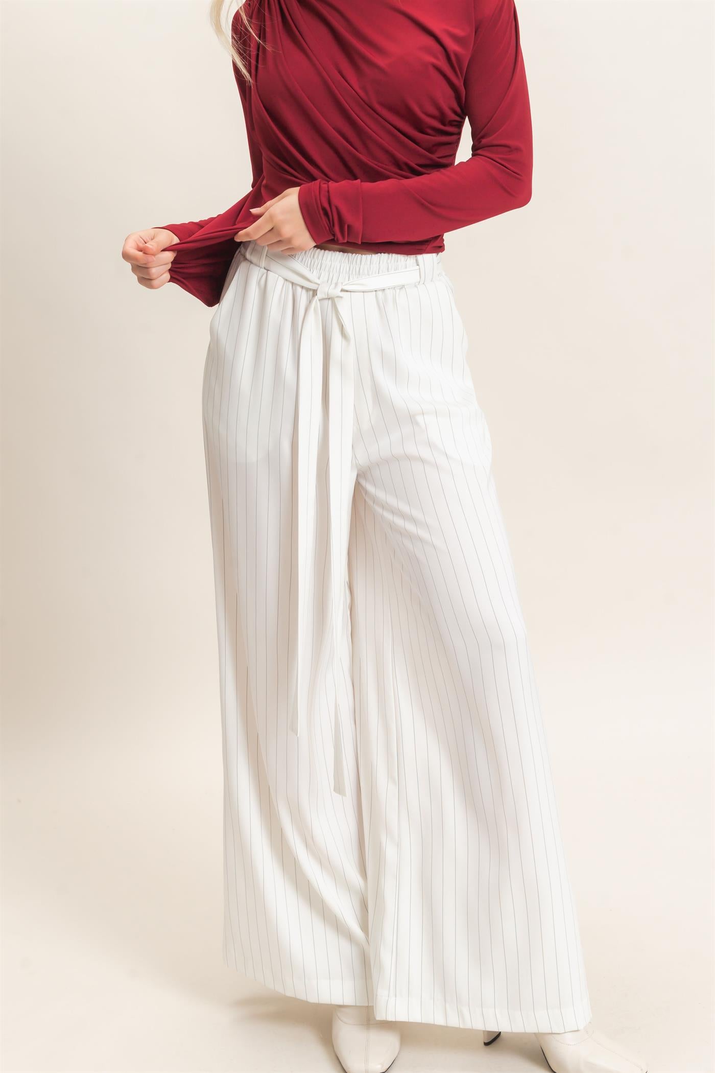 Wholesale Pinstripe Wide-Leg Pants Pants HF25F030 WHITE HYFVE