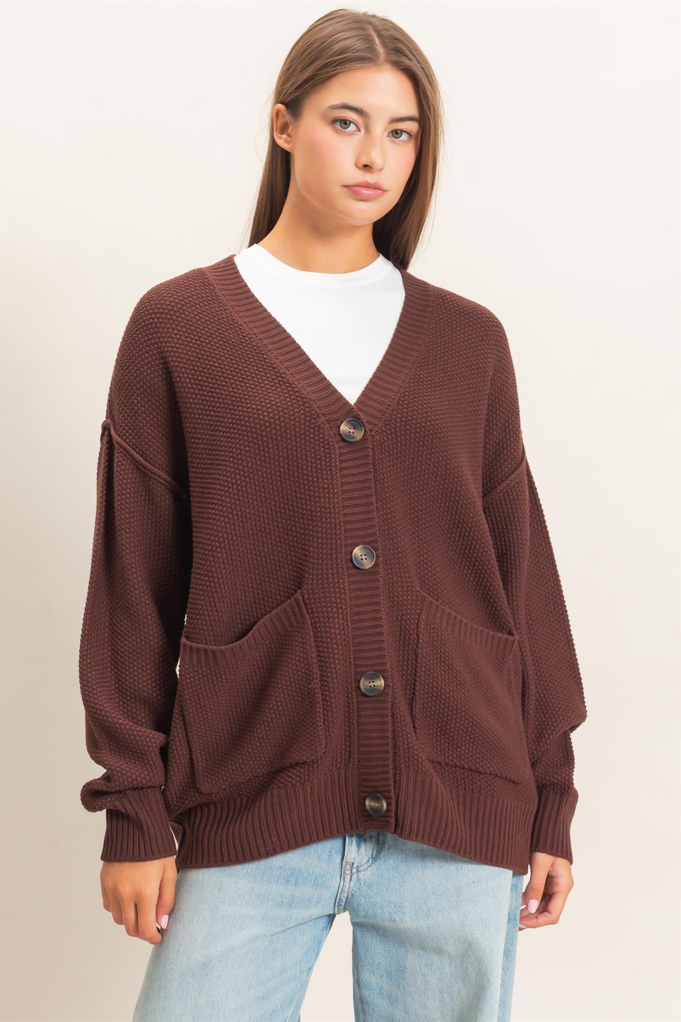 Wholesale Textured Oversized Knit Buttoned Cardigan Cardigans DZ26C971 DARK BROWN DOUBLE ZERO