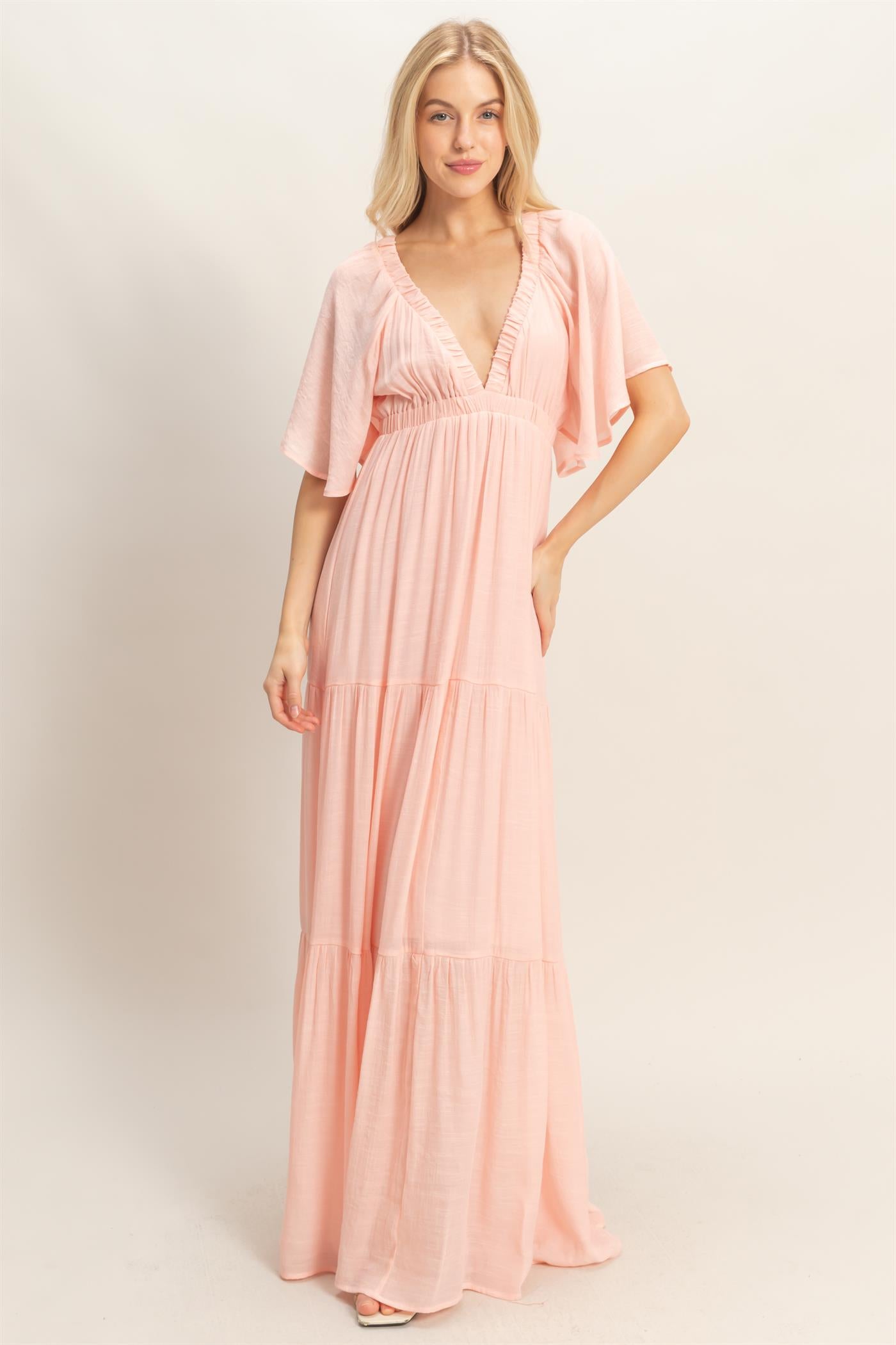 Wholesale Flutter Sleeve Maxi Dress Dresses HF26C285-D LIGHT PINK HYFVE