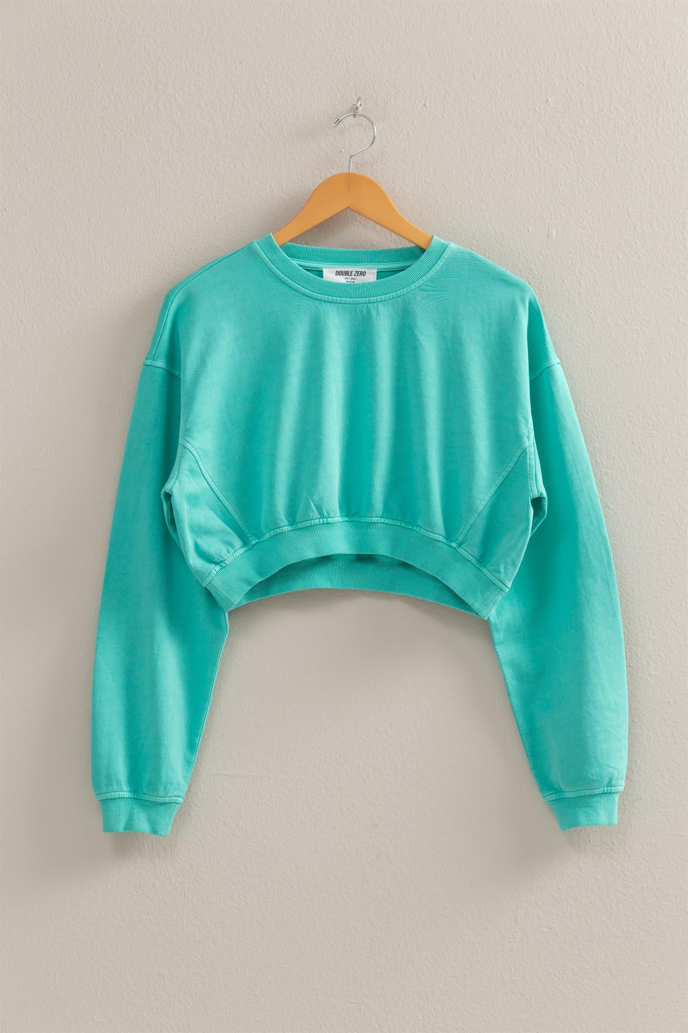 Wholesale Crew Neck Long Sleeve Crop Sweatshirt Sweatshirts DZ25A923 TURQUOISE DOUBLE ZERO