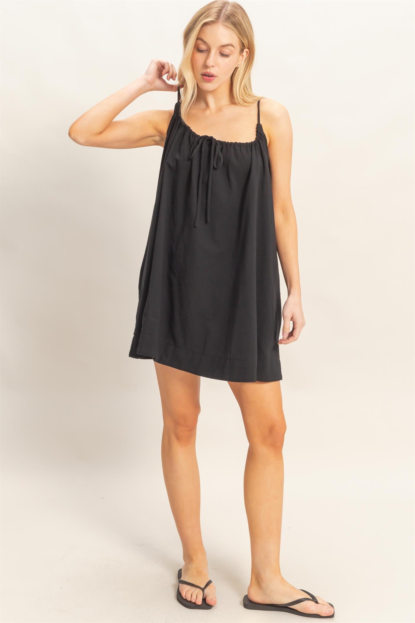 Wholesale Gathered Tie Strap Dress Dresses HF26A237 BLACK HYFVE