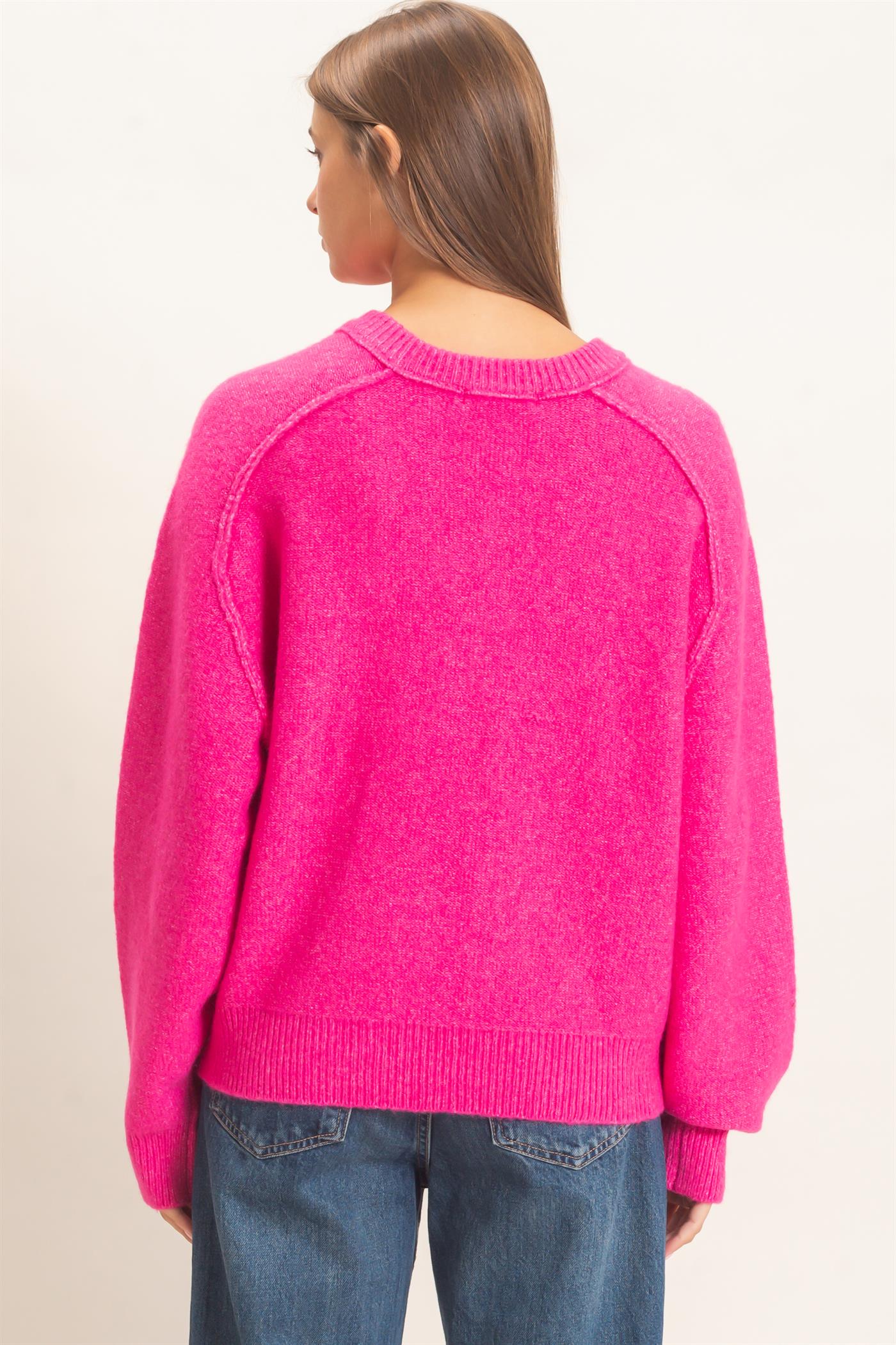 Wholesale Henley Sweater With Reverse Seams Sweaters DZ26F004 FUCHSIA DOUBLE ZERO