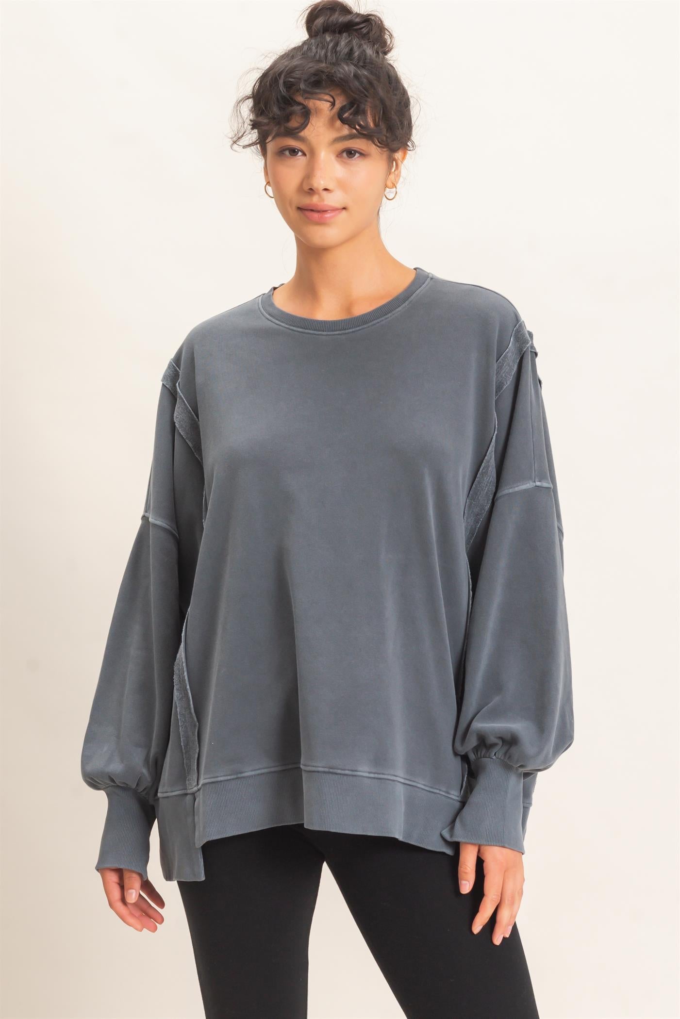 Wholesale Pigment  Dye Oversized Raw Edge Sweatshirt Sweatshirts DZ26C737 DARK GRAY DOUBLE ZERO