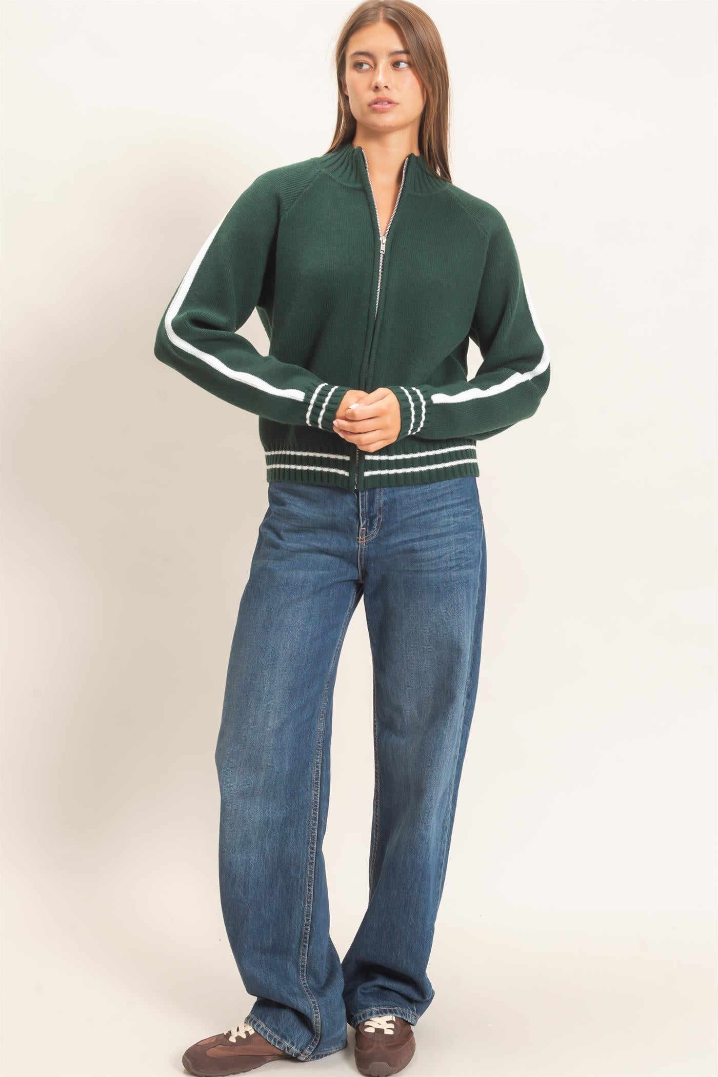 Wholesale Contrast Stripe Zip-Up Sweater Sweaters DZ26E861 DARK GREEN DOUBLE ZERO