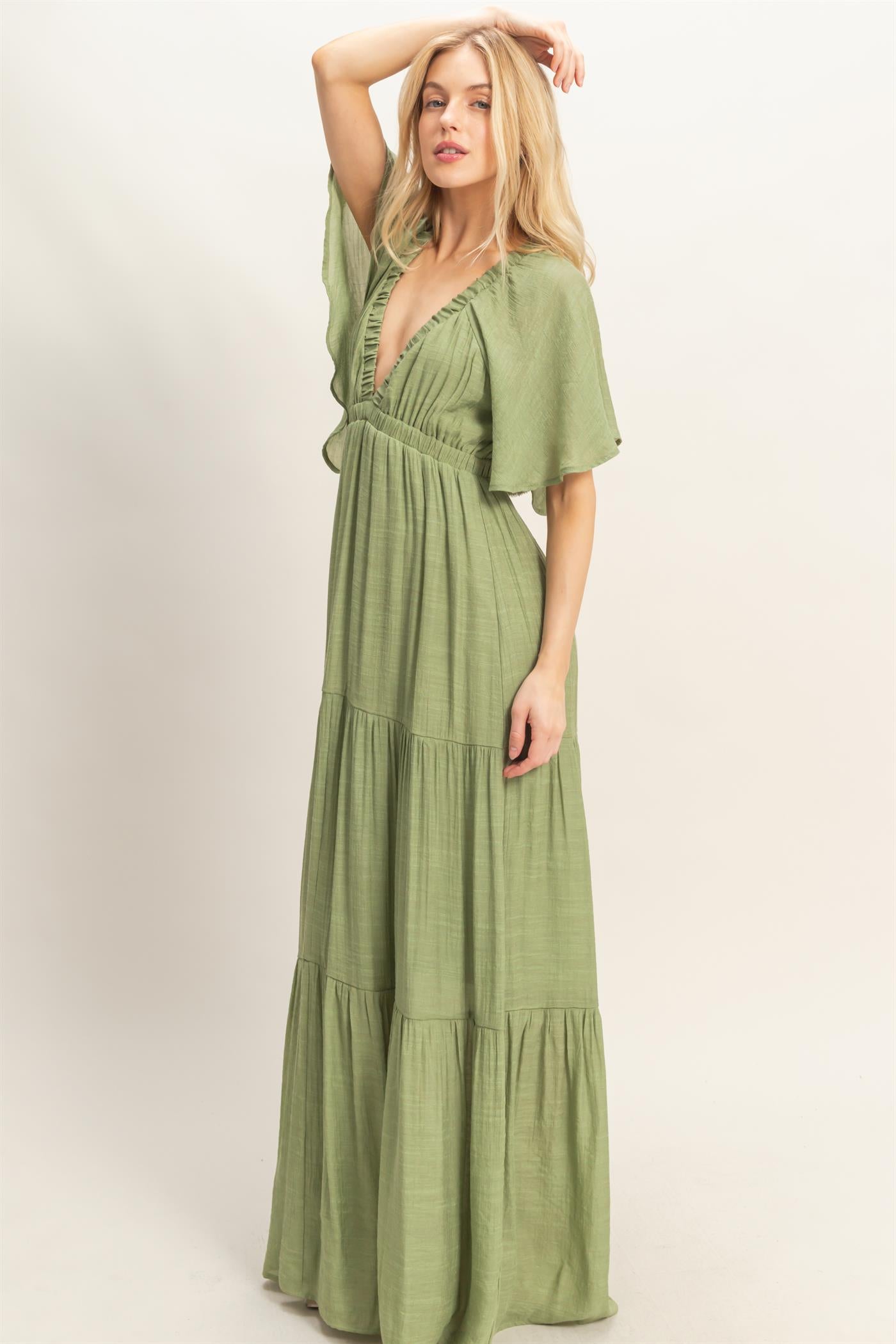 Wholesale Flutter Sleeve Maxi Dress Dresses HF26C285-D LIGHT OLIVE HYFVE