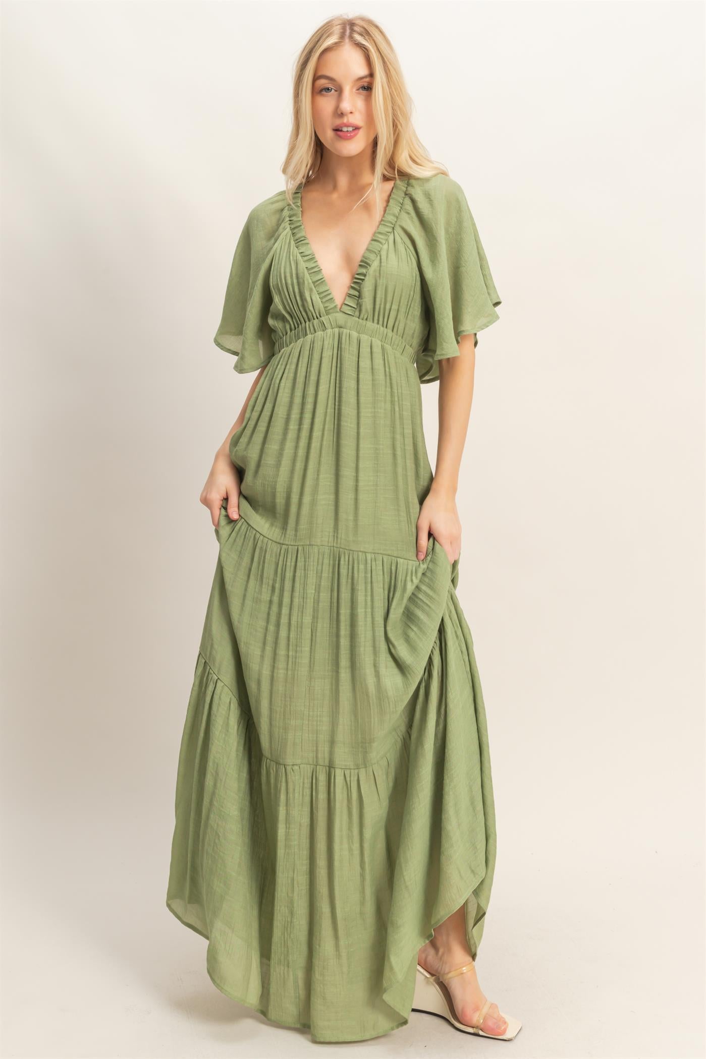 Wholesale Flutter Sleeve Maxi Dress Dresses HF26C285-D LIGHT OLIVE HYFVE