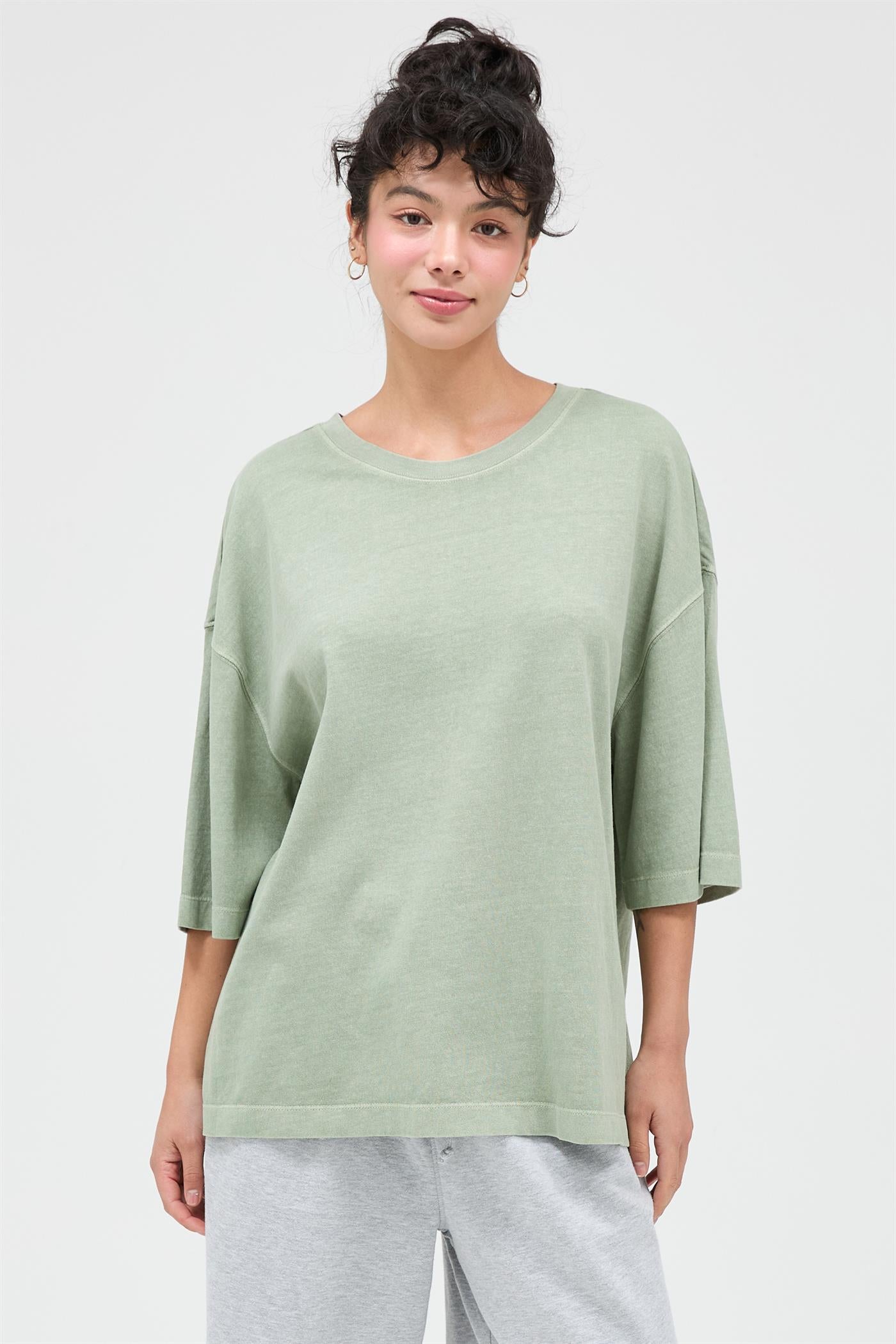 Wholesale Pigment Dye Oversized Half-Sleeve T-Shirt Clothing Tops DZ26A459 SAGE GREEN DOUBLE ZERO