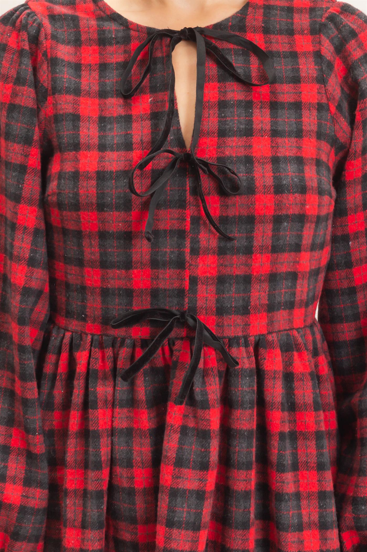 Wholesale Plaid Velvet Ribbon Tie Mini Dress Dresses HF26E965 RED HYFVE