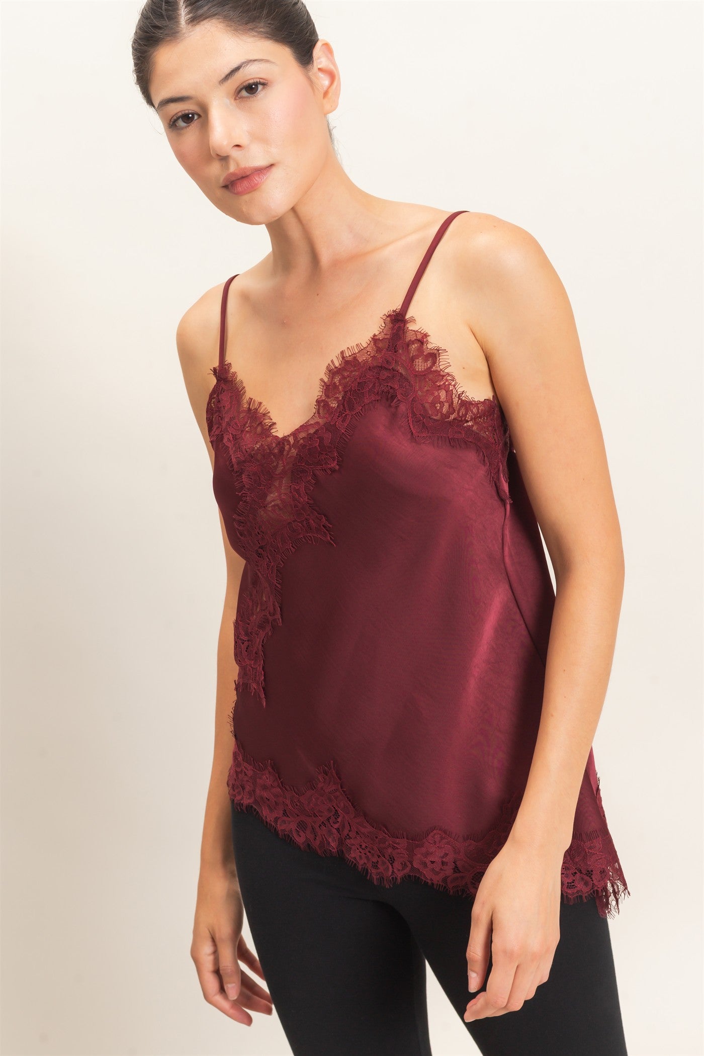 Wholesale Asymmetrical Satin Lace Top Camisoles HF26C945-D BURGUNDY HYFVE