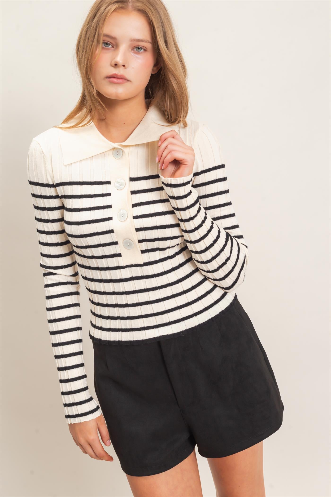 Wholesale Ribbed Collared Sweater Sweaters HF26E534 CREAM HYFVE