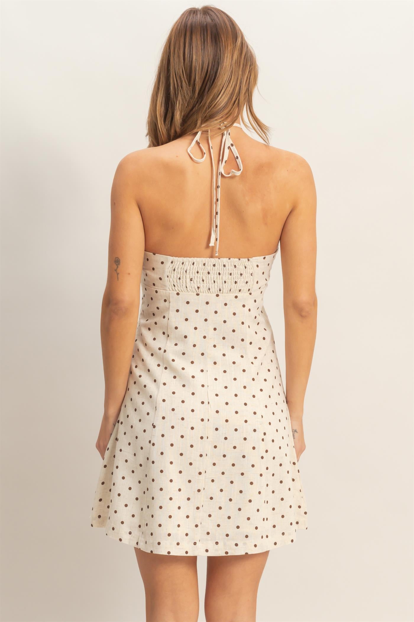 Wholesale Ruched Halter Polka Dot Mini Dress Dresses HF26C278-D OATMEAL HYFVE