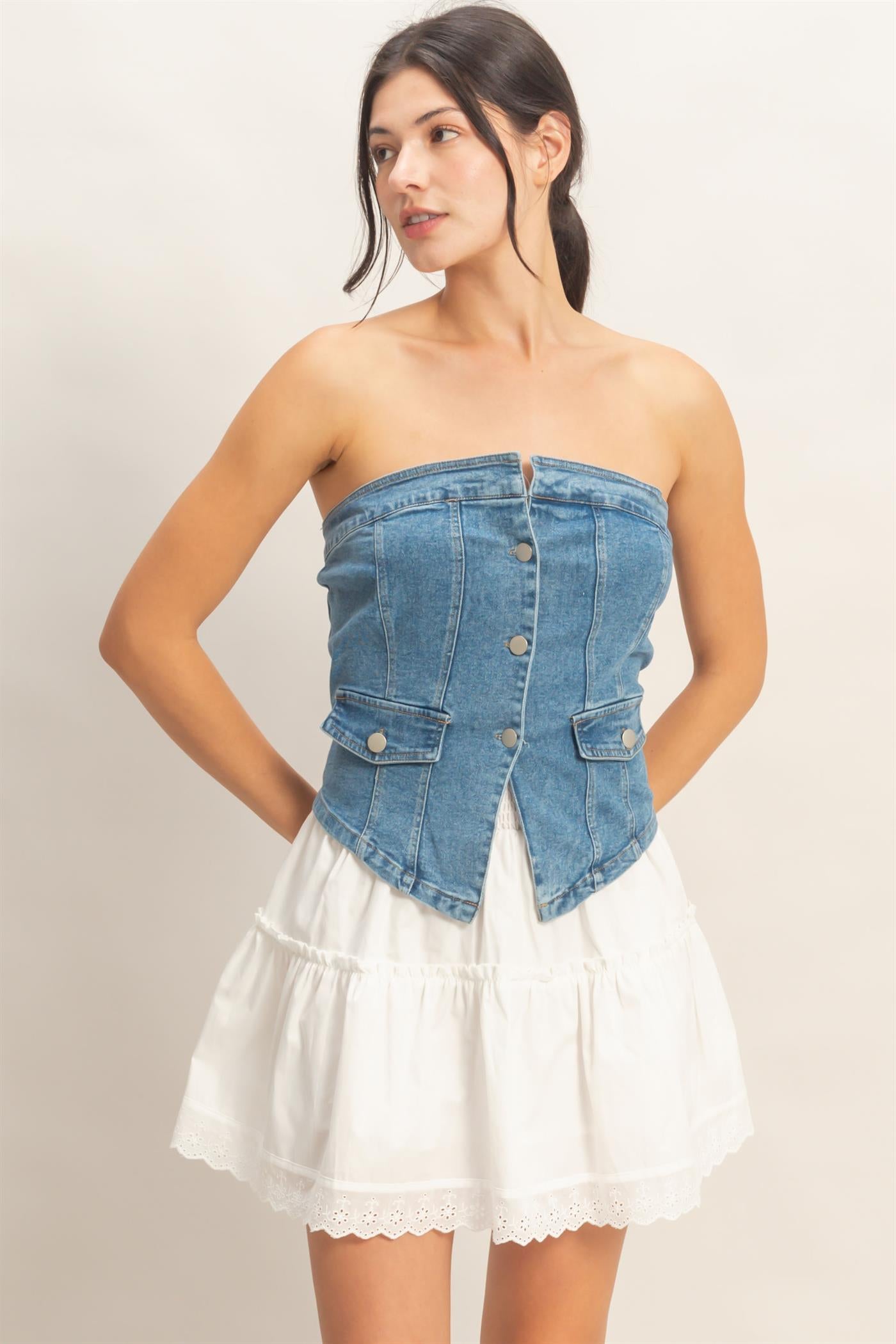 Wholesale Strapless Button-Up Denim Top Clothing Tops HF26A410 L.DENIM HYFVE