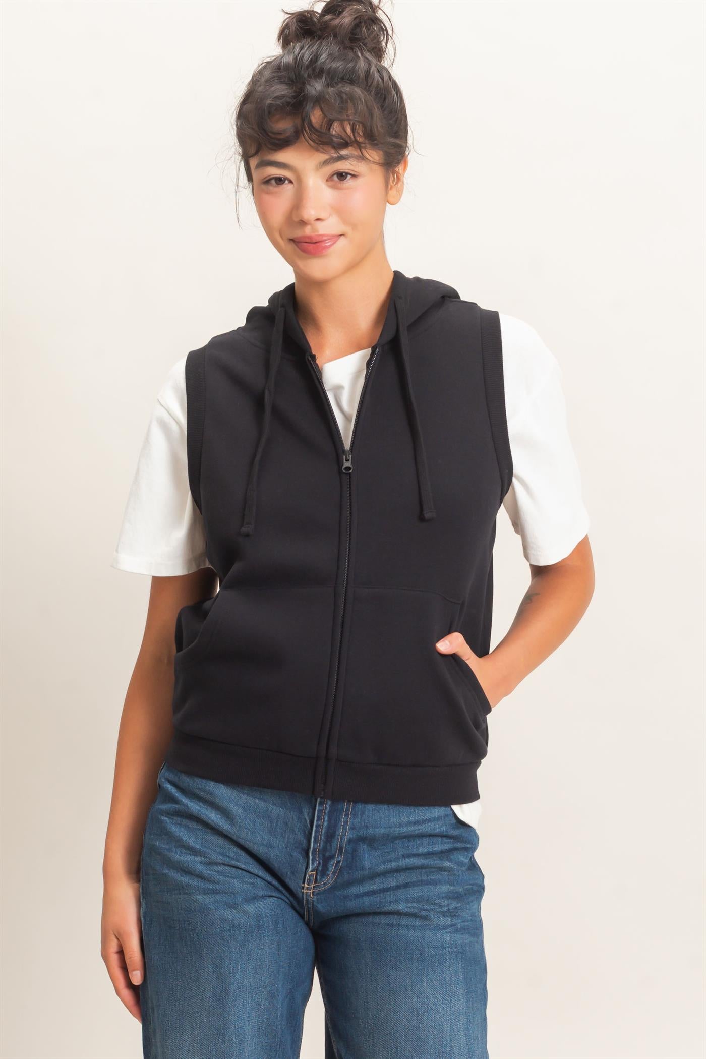 Wholesale Sleeveless Zip Up Hoodie Hoodies DZ26E330 BLACK DOUBLE ZERO