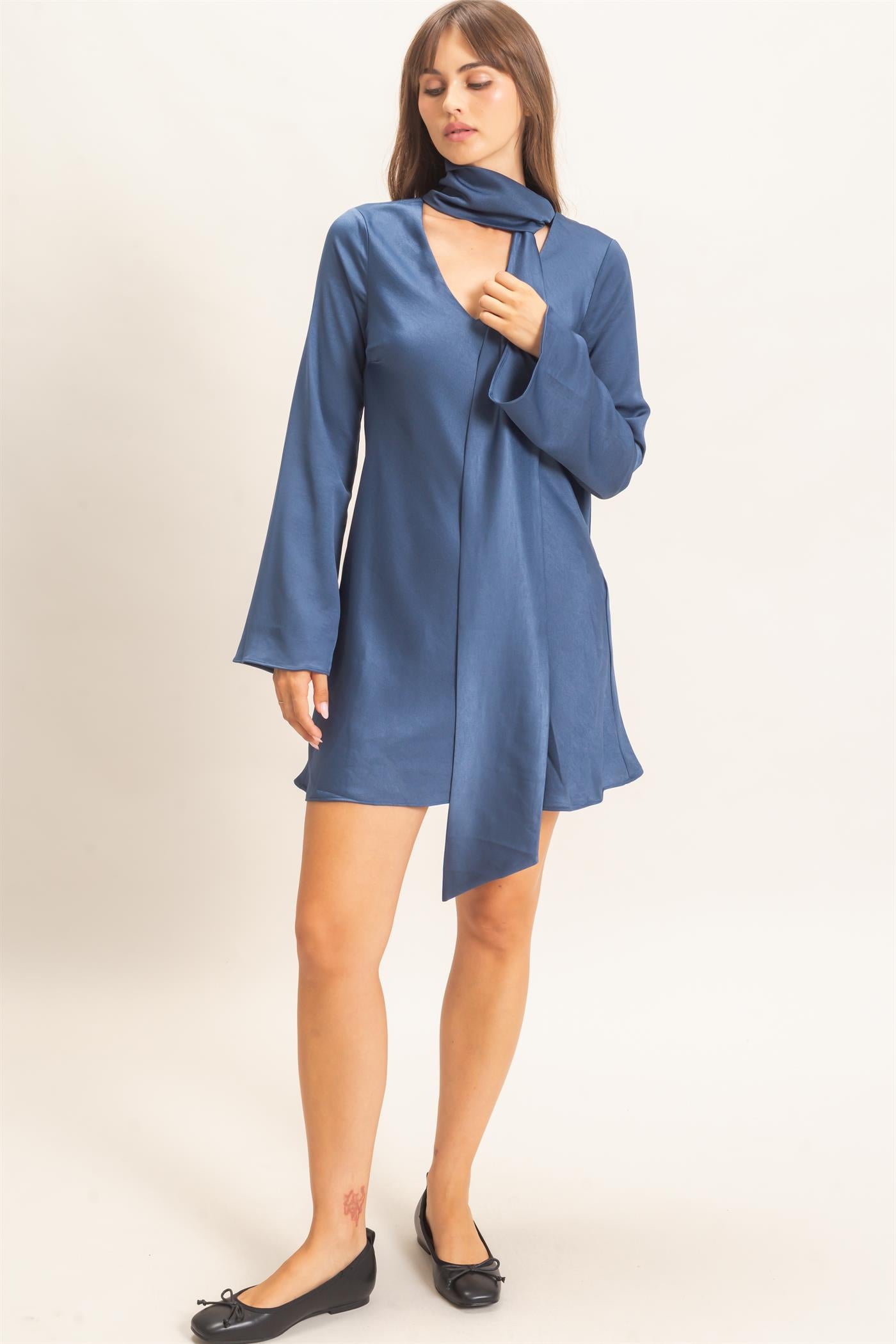 Wholesale Bias Satin Dress With Scarf Dresses HF26E928 MIDNIGHT BLUE HYFVE
