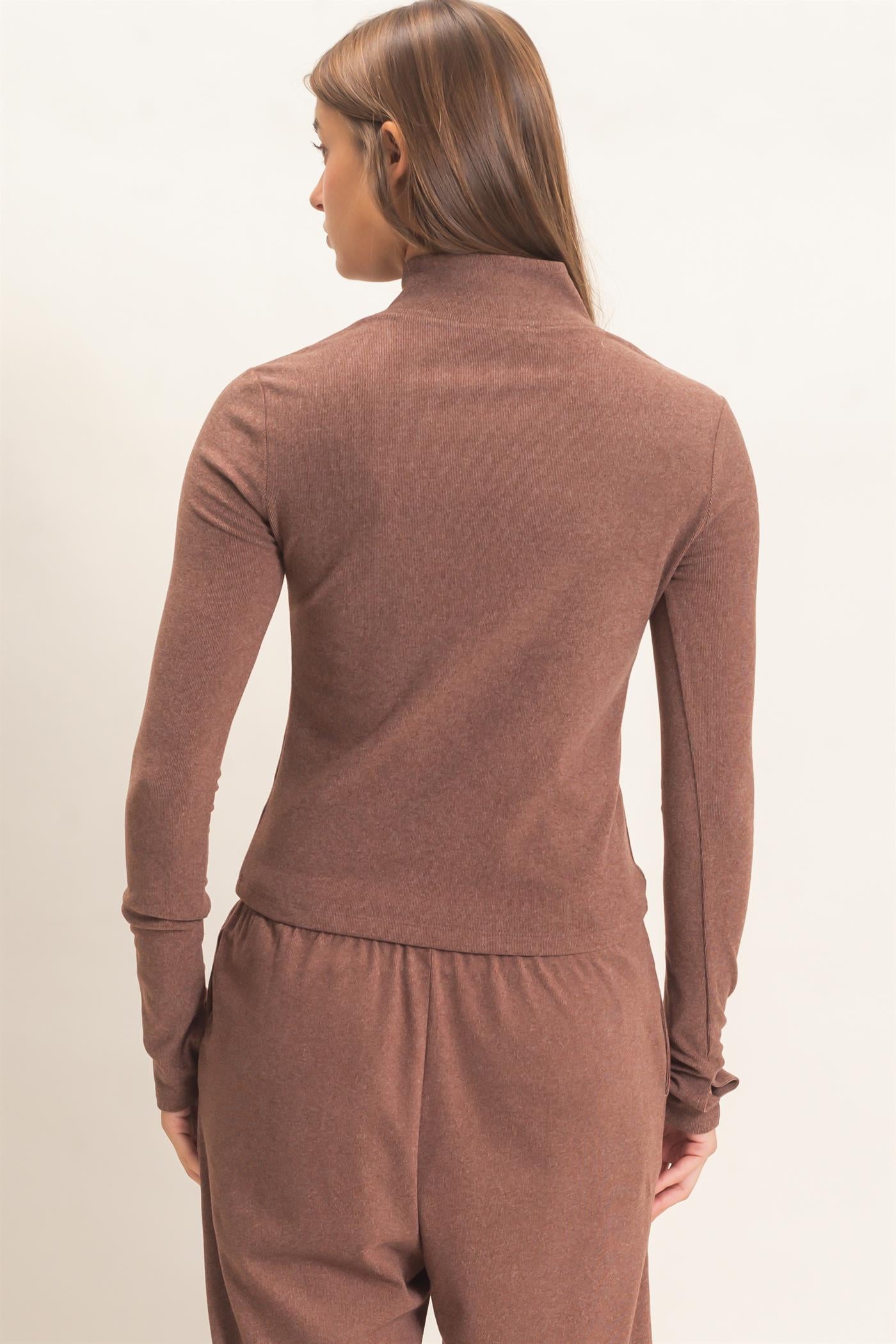 Wholesale Mock Neck Long Sleeve Zip Up Top Clothing Tops DZ26E911 DARK BROWN DOUBLE ZERO