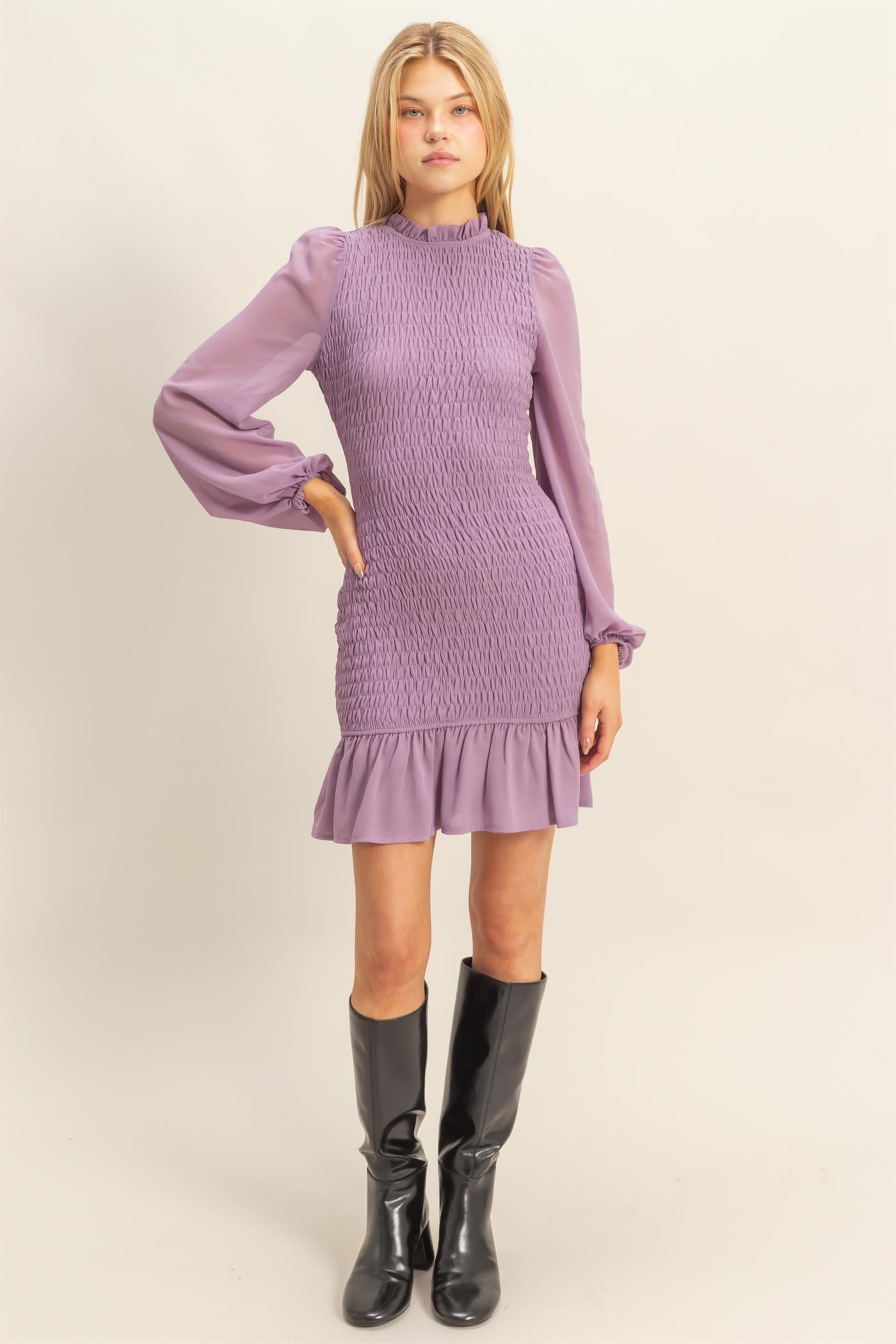 Wholesale Smocked Ruffled Mini Dress Dresses HF23G430 LAVENDER HYFVE