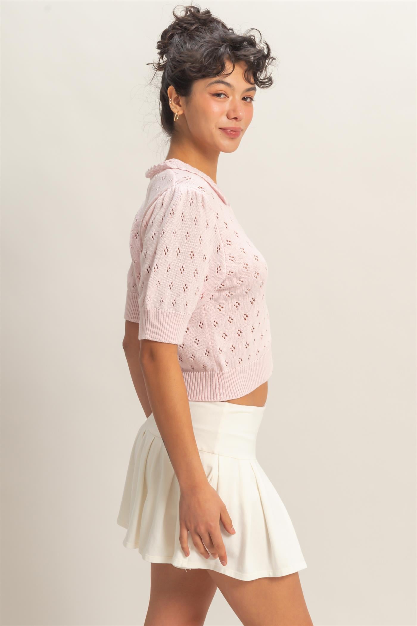Wholesale Pointelle Collar Button-Up Puff Sleeve Knit Top Clothing Tops DZ26A748 SOFT PINK HYFVE