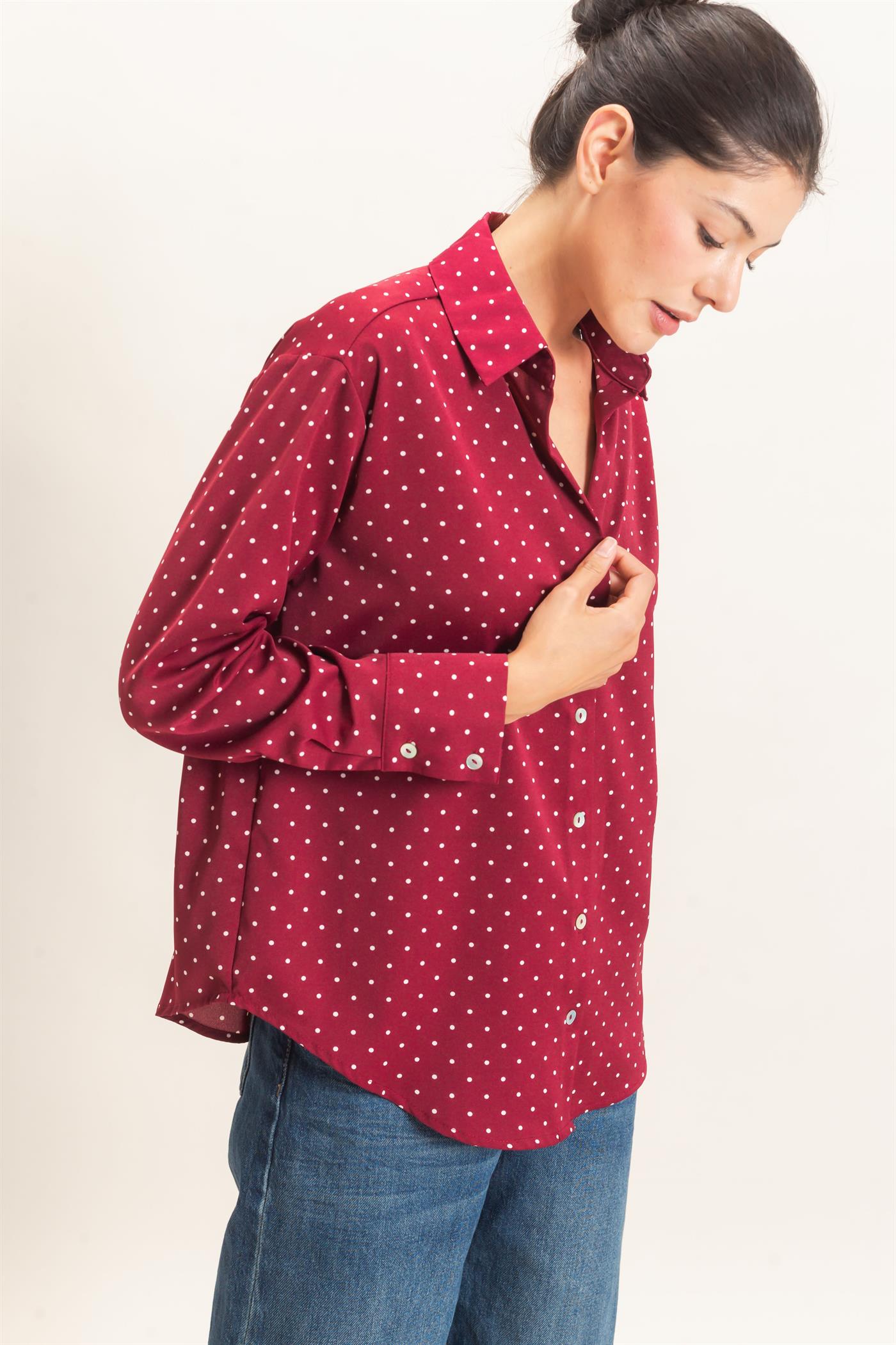 Wholesale Button-Up Polka Dot Shirt Shirts HF26F401 BURGUNDY HYFVE