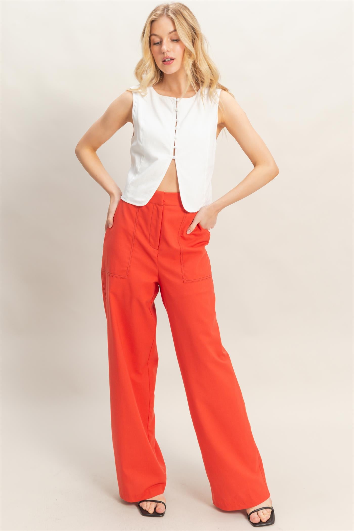 Wholesale Sleeveless Button Front Top Clothing Tops HF26A583 OFF WHITE HYFVE