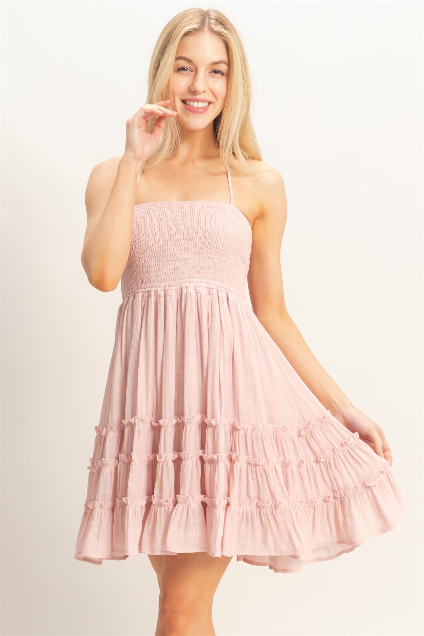 Wholesale Smocked Tiered Midi Dress Dresses HF26C299-D BLUSH HYFVE