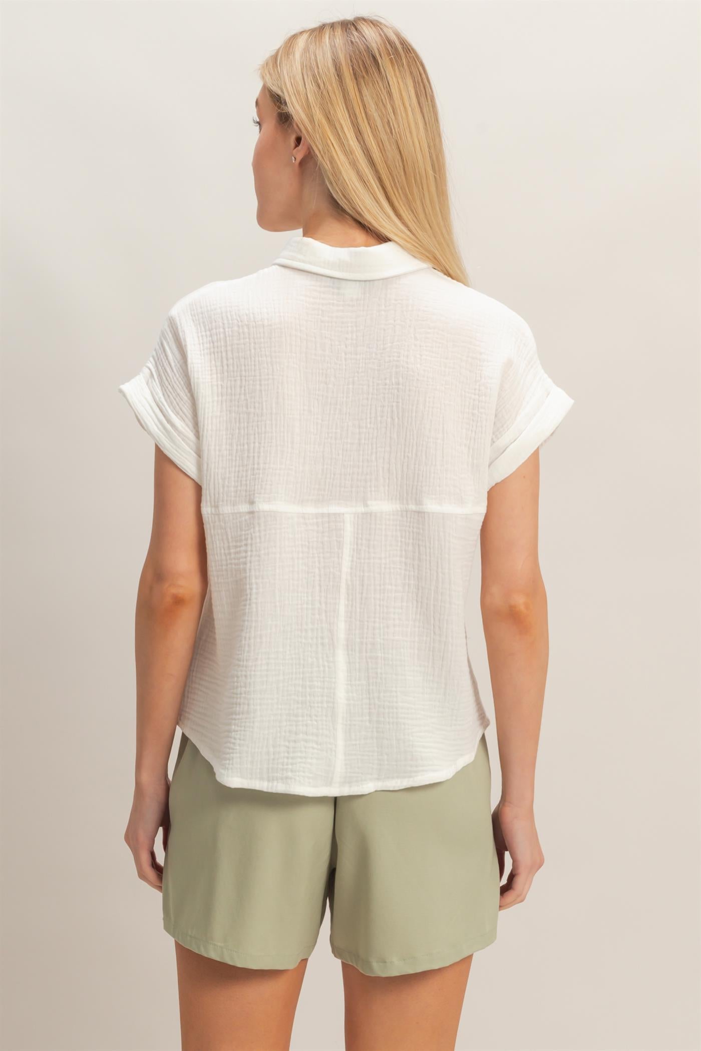Wholesale Rolled Sleeve Button-Up Top Clothing Tops HF26E526 OFF WHITE HYFVE