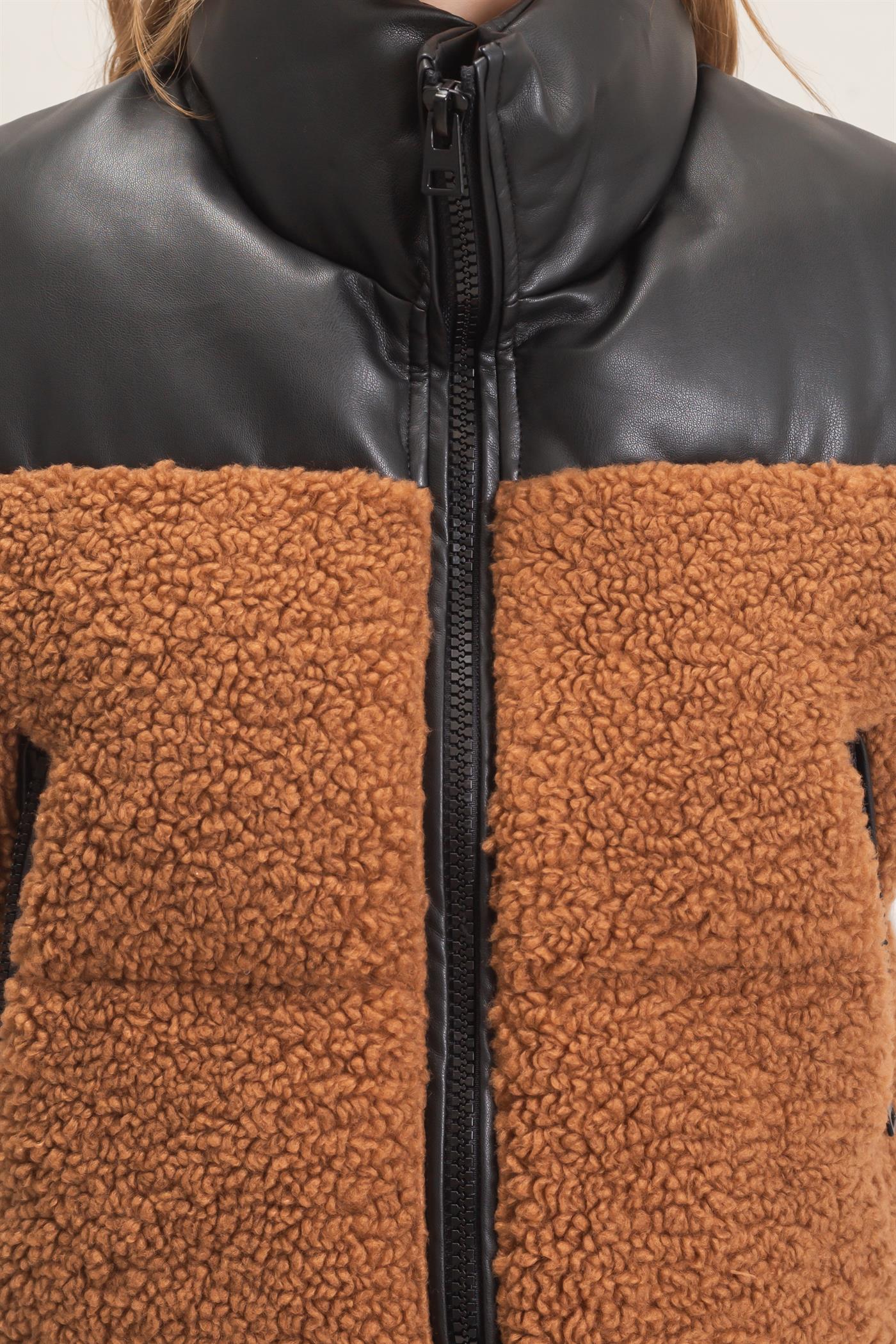Wholesale Faux Fur & Pu Padded Vest Outerwear HF26F204 LIGHT BROWN HYFVE