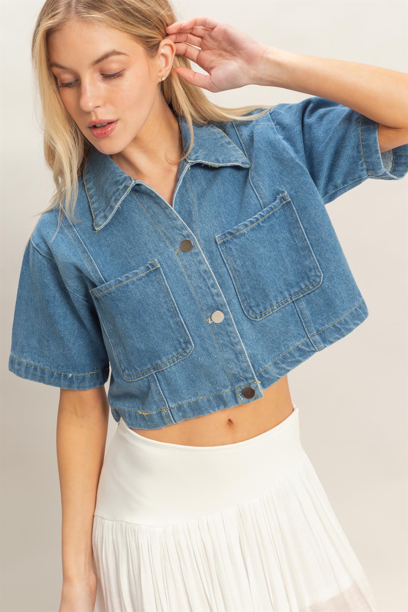 Wholesale Denim Collared Short Sleeve Top Clothing Tops HF26A599 MEDIUM DENIM HYFVE