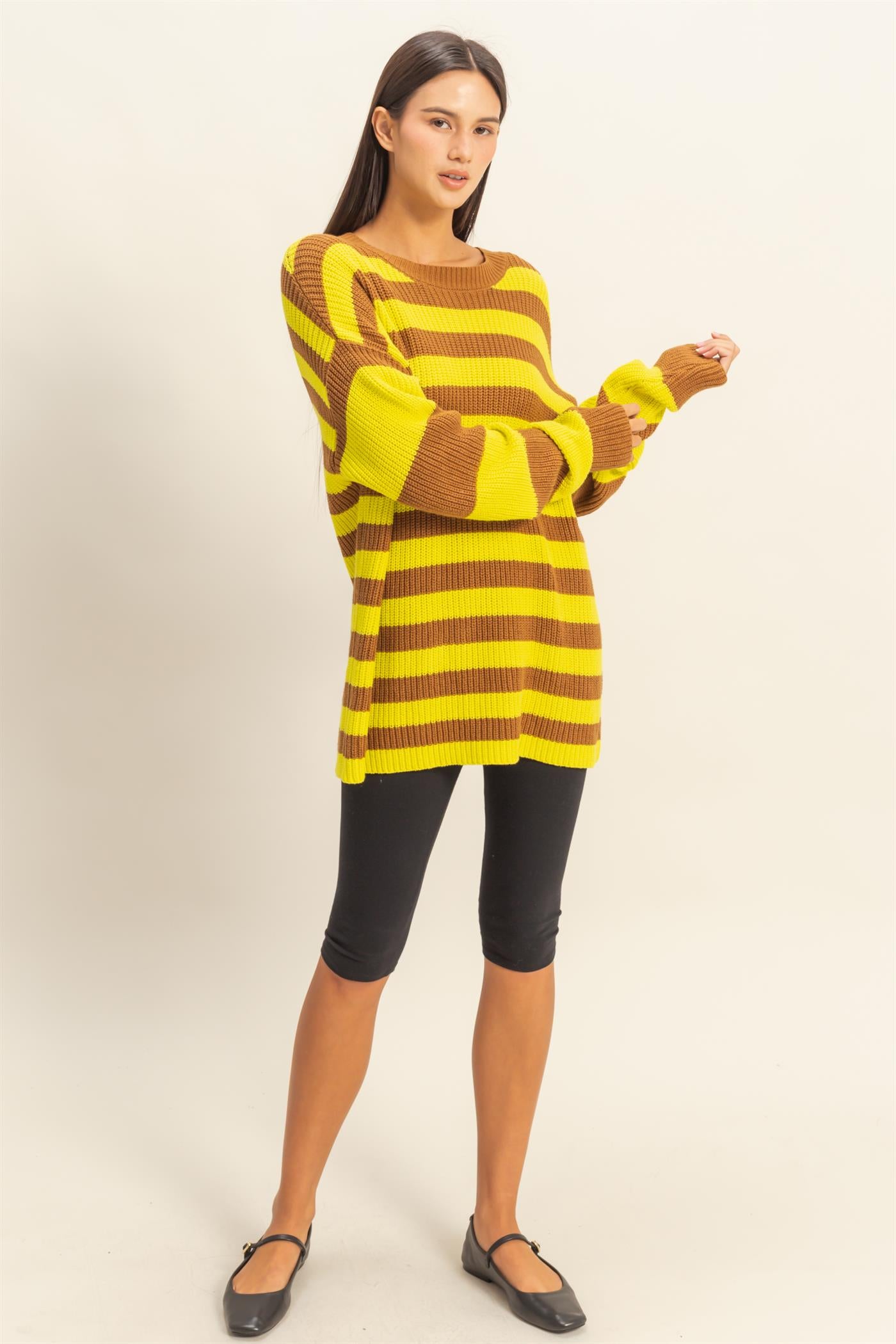 Wholesale Striped Long Sleeve Sweater Clothing Tops DZ23F071 BROWN/YELLOW DOUBLE ZERO