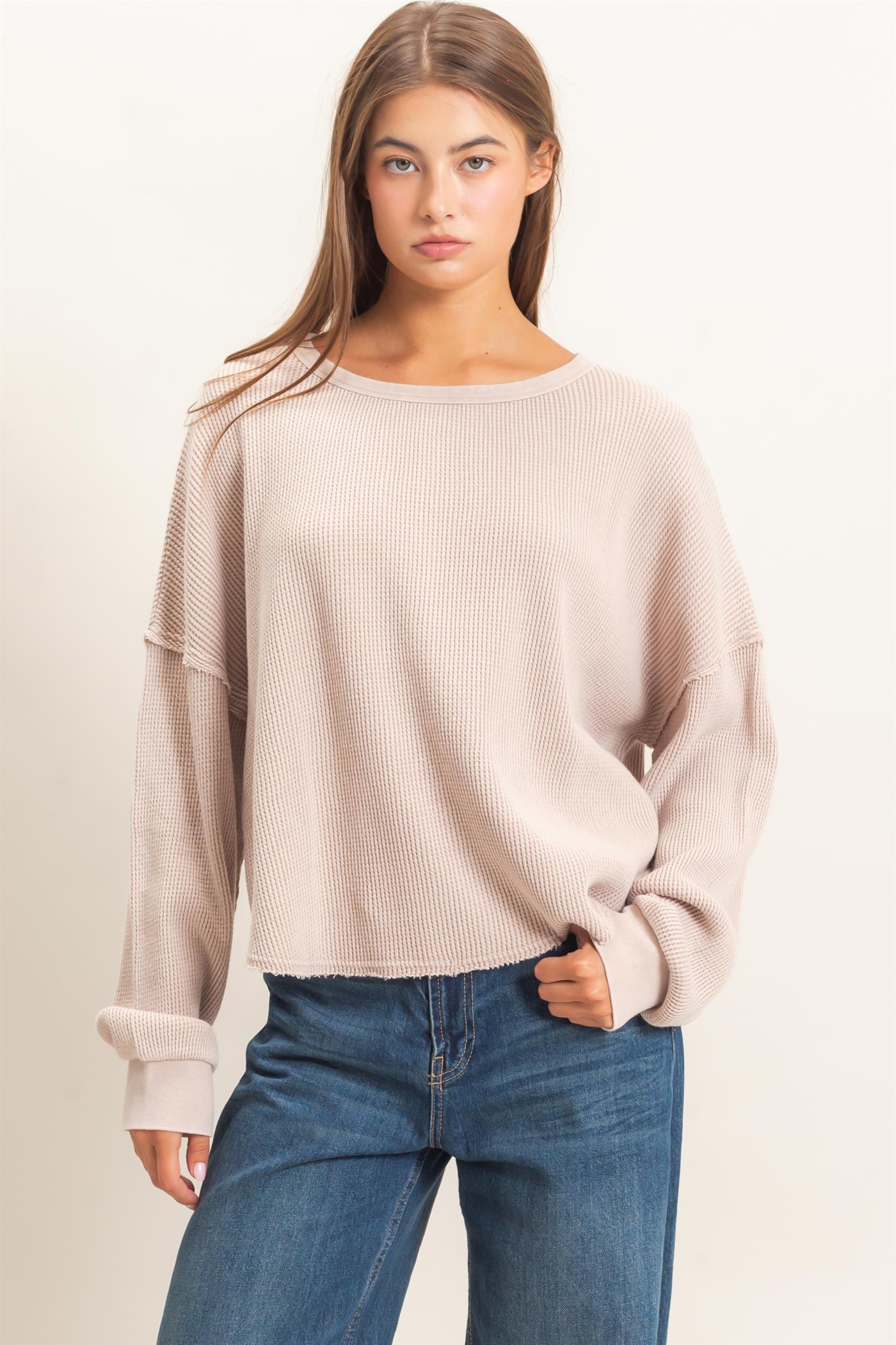 Wholesale Mineral Wash Waffle Oversized Top Clothing Tops DZ26E248 LIGHT TAUPE DOUBLE ZERO