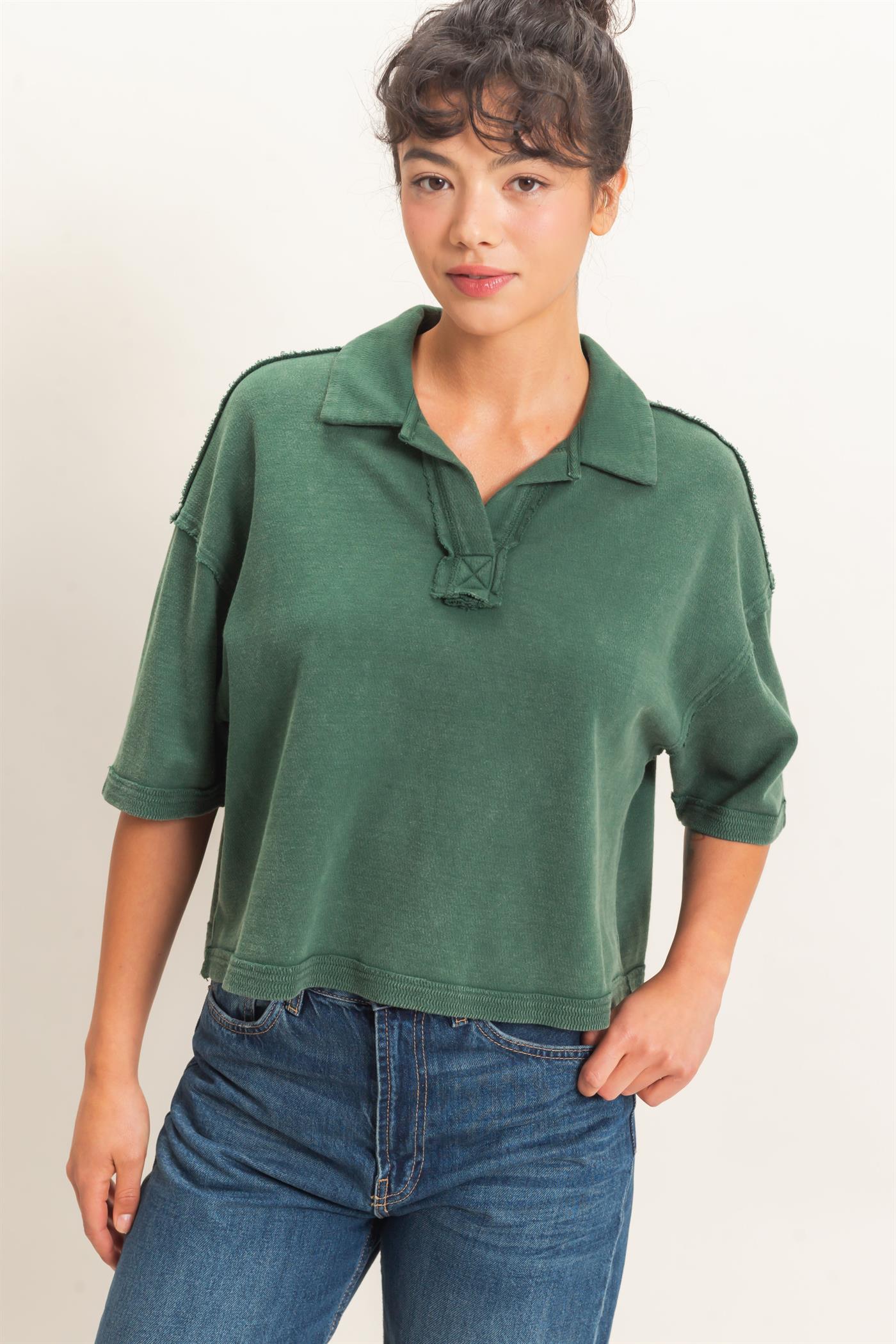 Wholesale Mineral Wash Oversized Collar Short Sleeve Top Clothing Tops DZ26E813 DARK GREEN DOUBLE ZERO