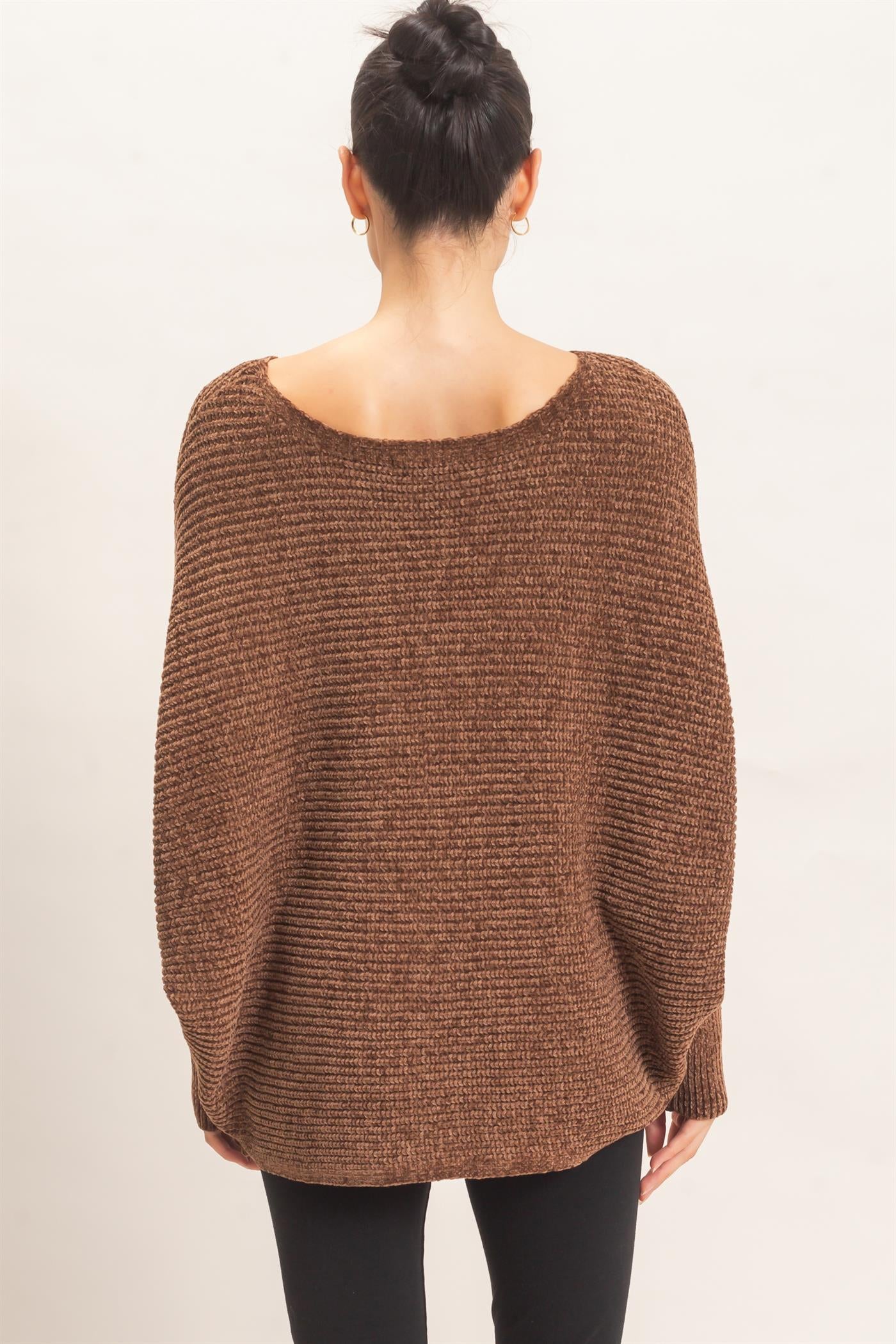 Wholesale Chenille Boat Neck Dolman Sleeve Sweater Sweaters HF26F185 BROWN HYFVE