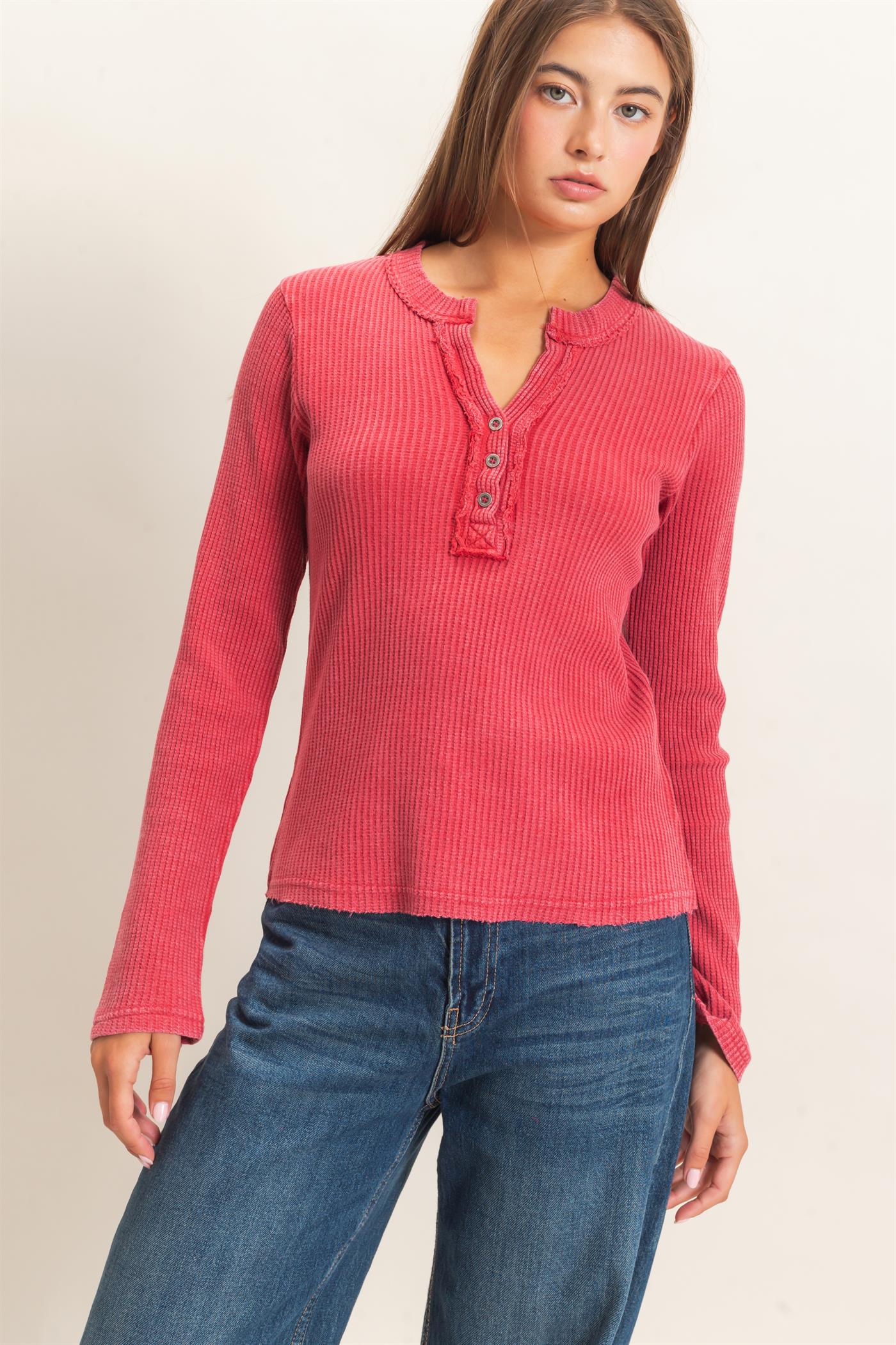 Wholesale Mineral Wash Waffle Henley Long Sleeve Top Clothing Tops DZ26E243 DARK RED DOUBLE ZERO