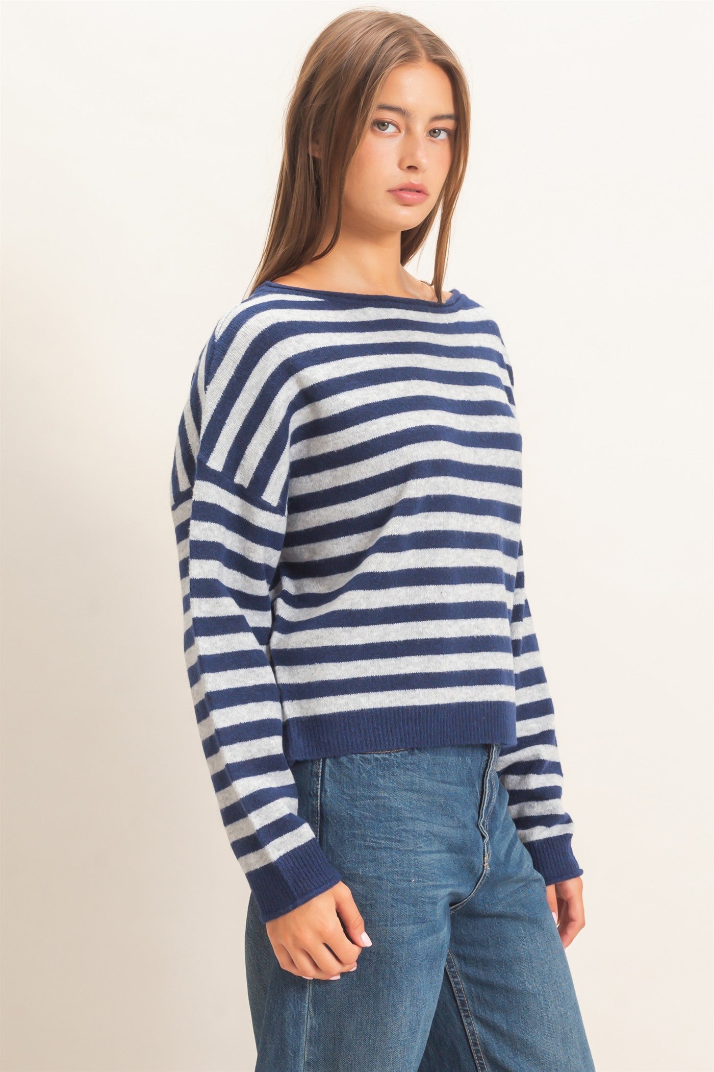 Wholesale Off The Shoulder Striped Sweater Sweaters DZ26E653 NAVY DOUBLE ZERO