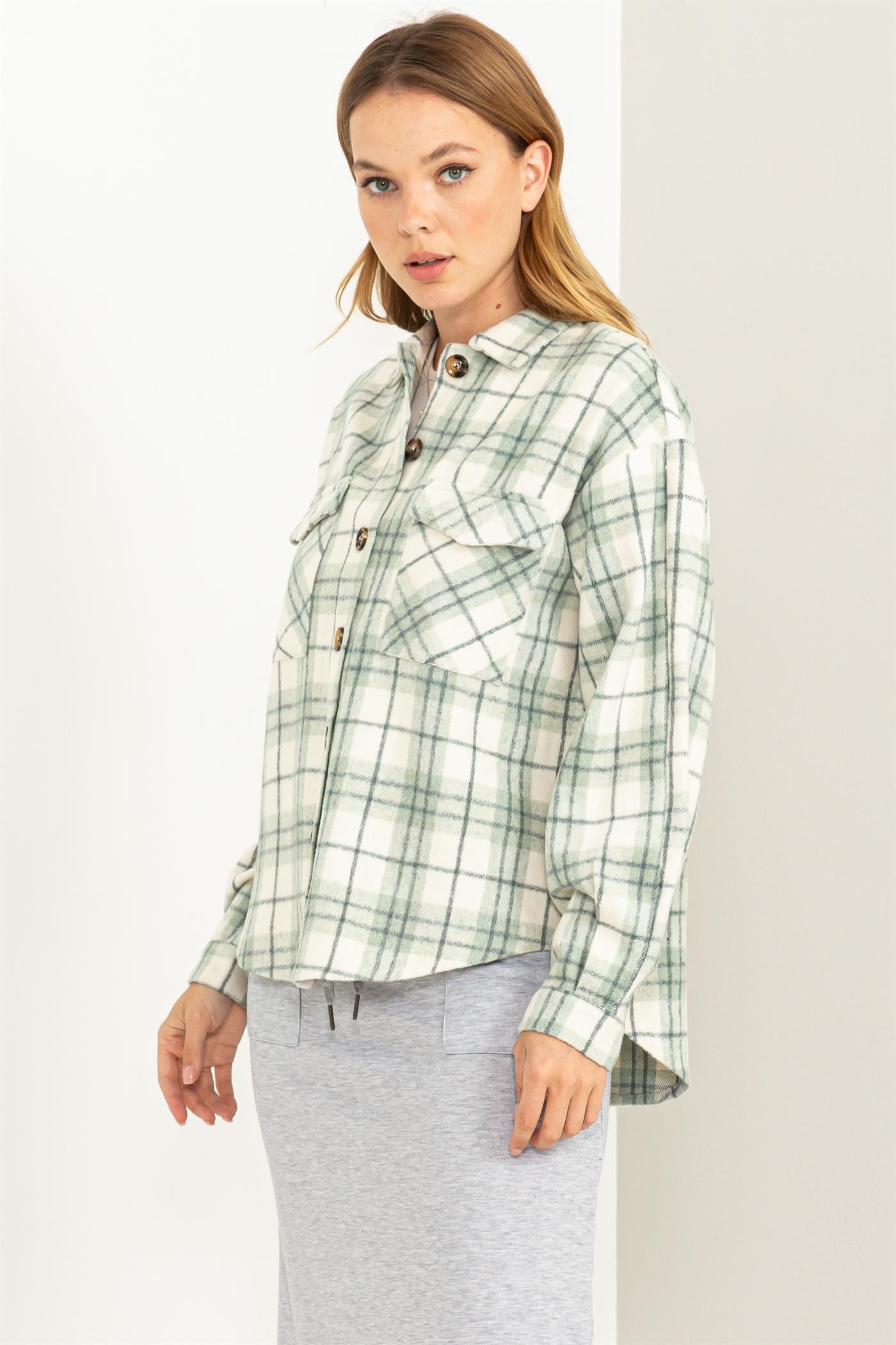 Wholesale Collared Plaid Shacket Shirts HF23G058 SAGE HYFVE
