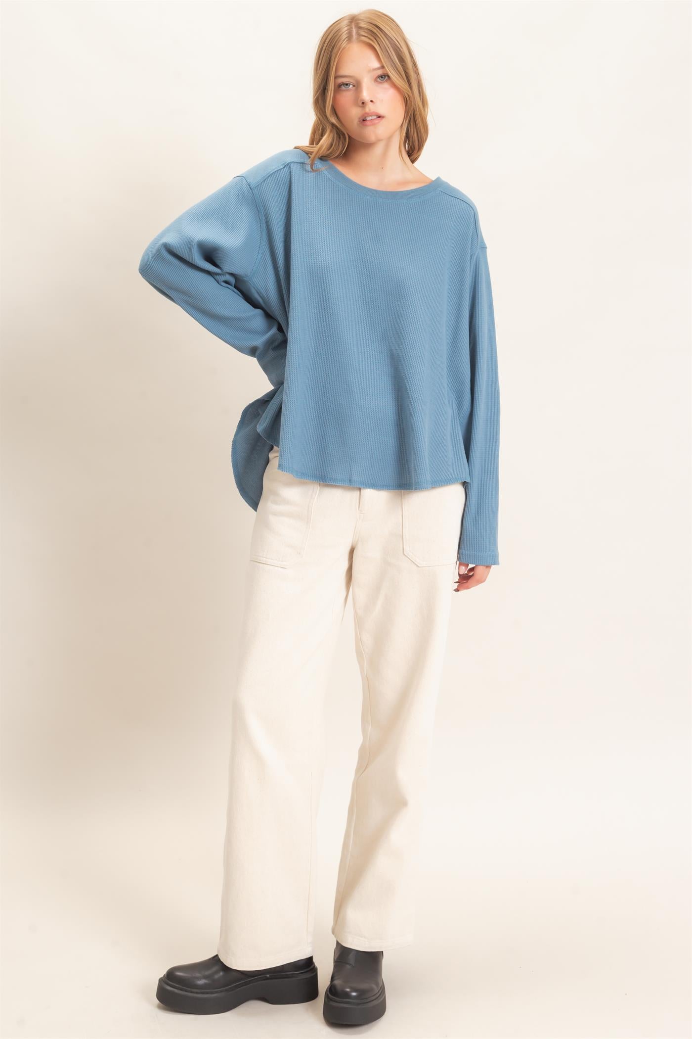 Wholesale Waffle Knit Crew Neck Top Clothing Tops HF26E078 BLUE HYFVE